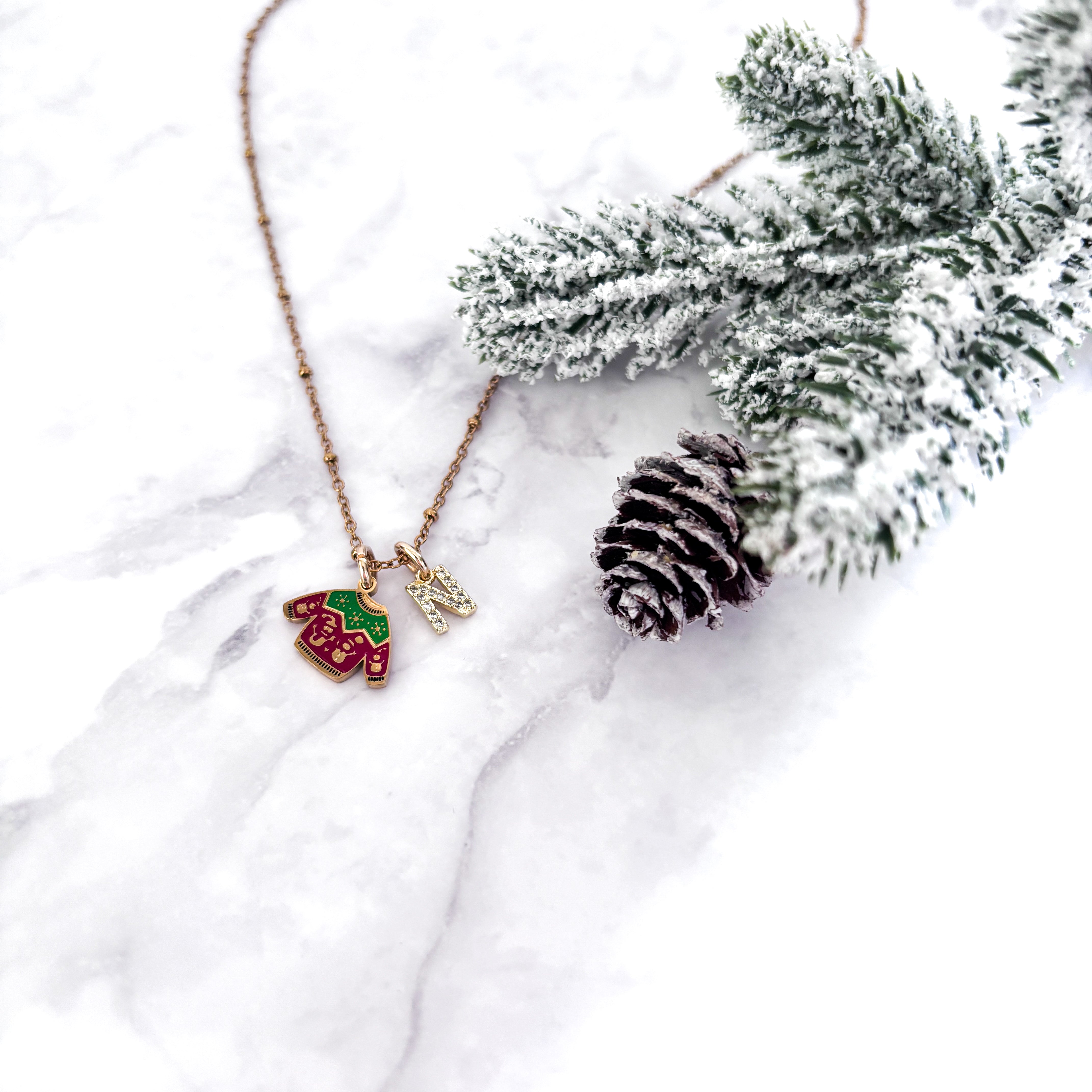 Personalised Christmas Jumper Necklace with Initial Charm