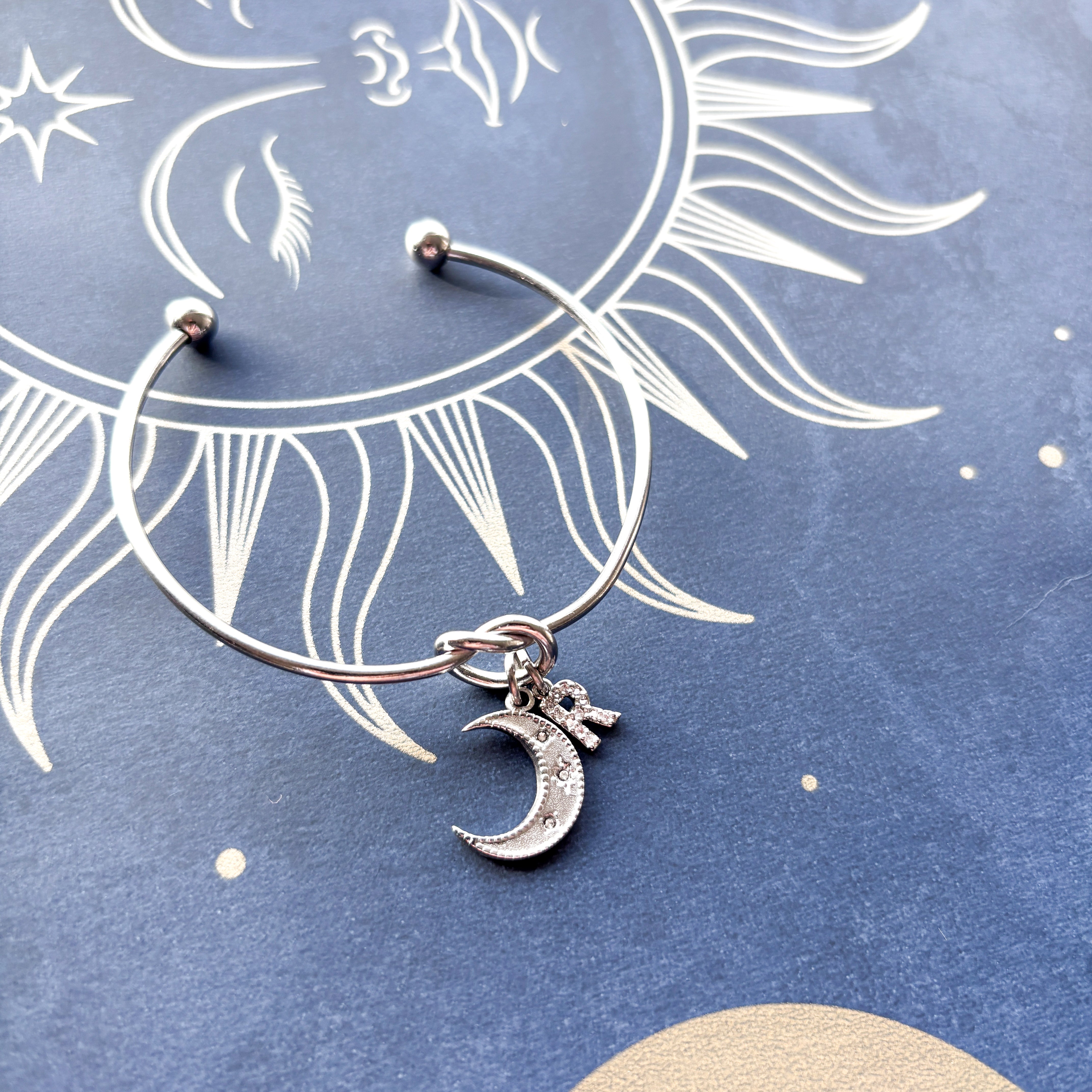 Personalised Half Moon Bangle – Initial Charm Celestial Bracelet