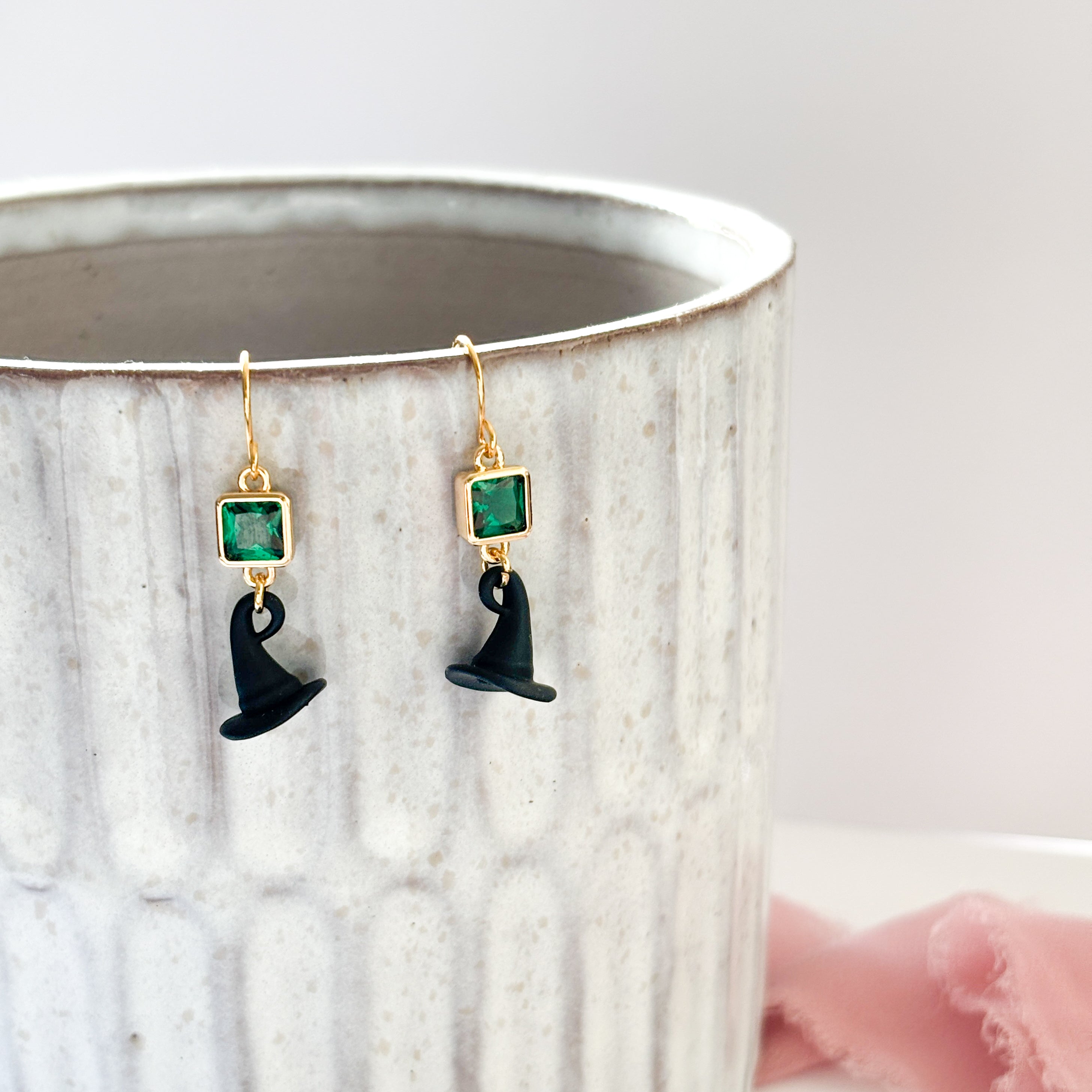 Wicked Witch Hat Dangle Earrings, Green CZ Charm, Witchcore Jewellery
