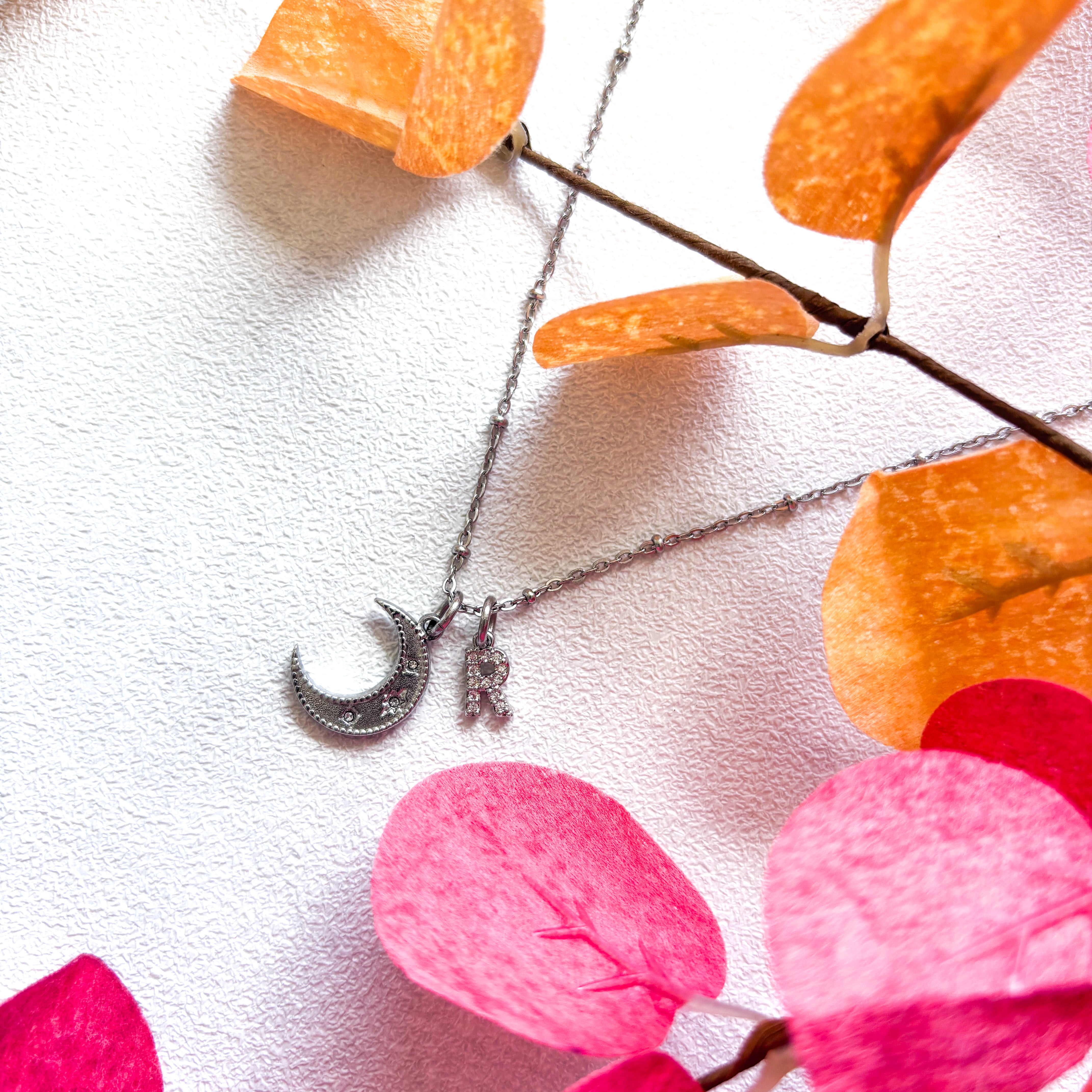 Personalised Half Moon Necklace – Initial Charm Celestial Jewellery