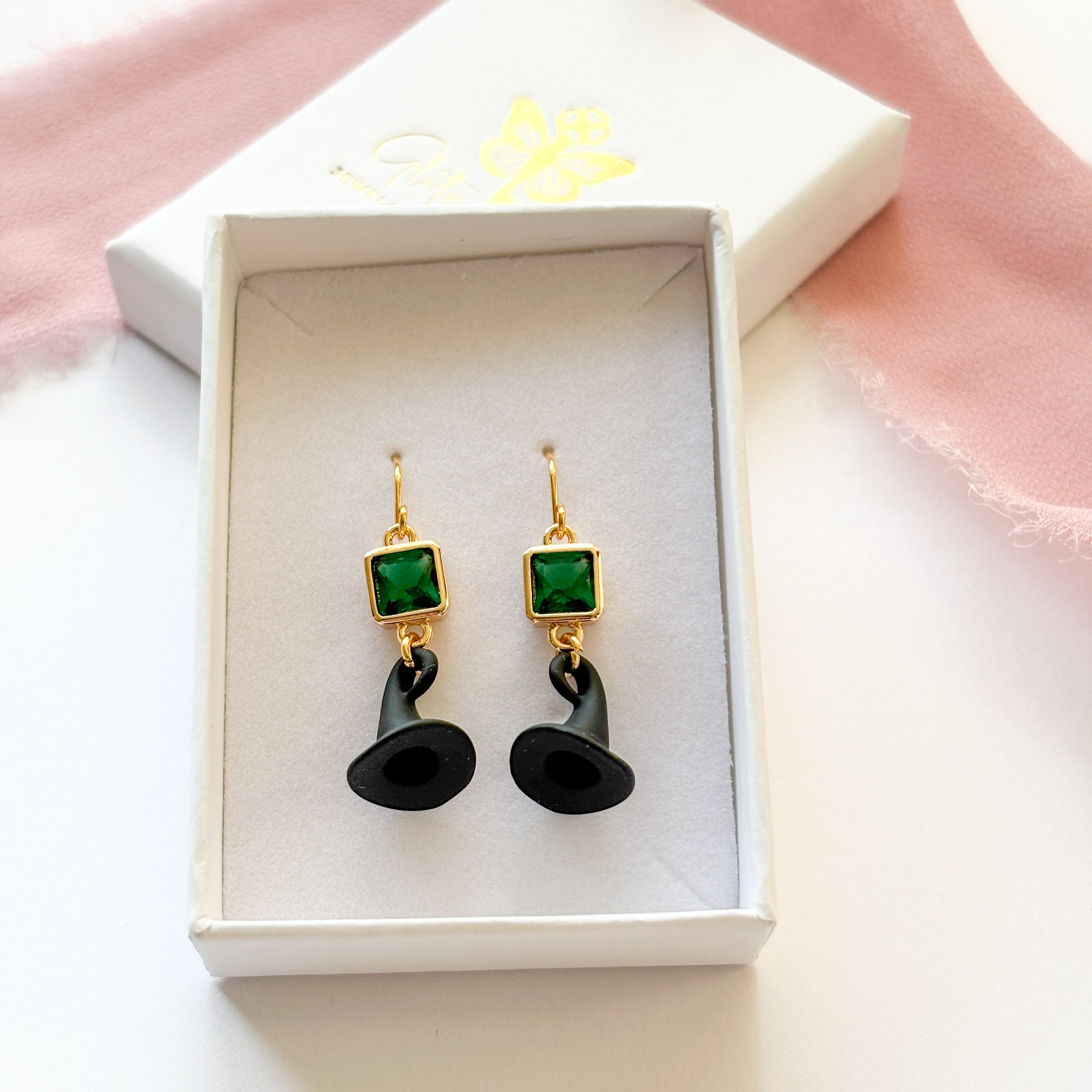 Wicked Witch Hat Dangle Earrings, Green CZ Charm, Witchcore Jewellery