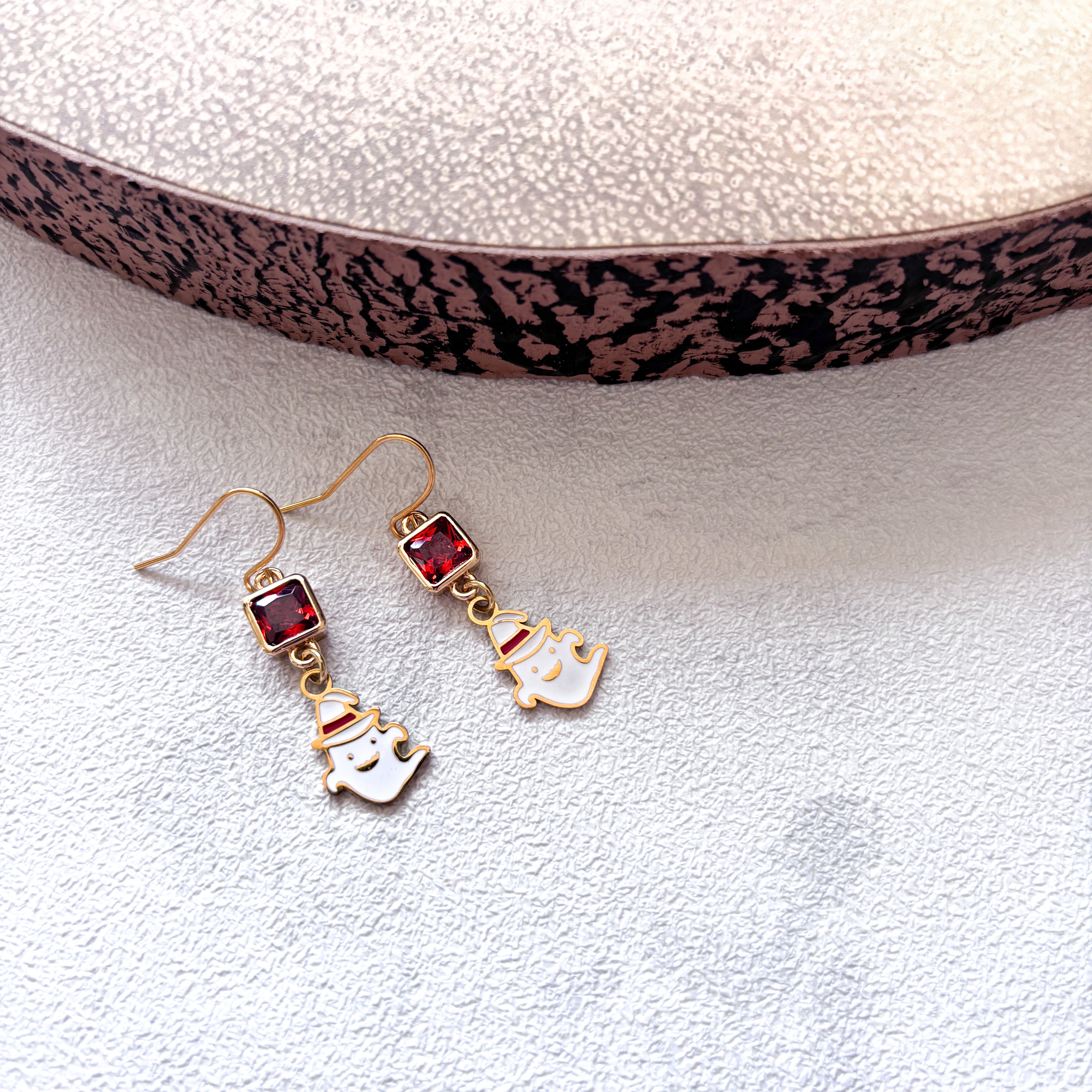 White Enamel Ghost Earrings with Witch Hat – Halloween Jewellery