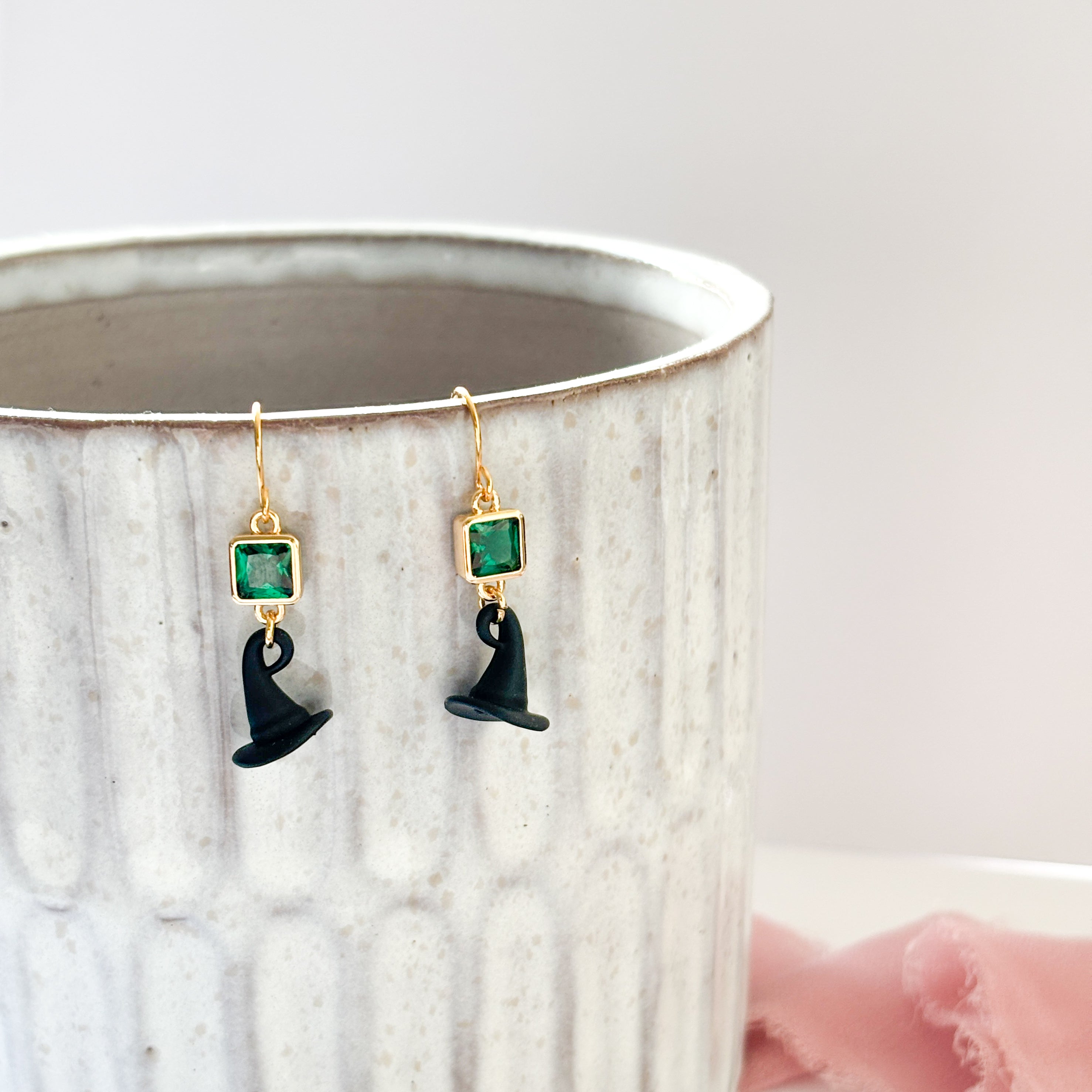 Wicked Witch Hat Dangle Earrings, Green CZ Charm, Witchcore Jewellery