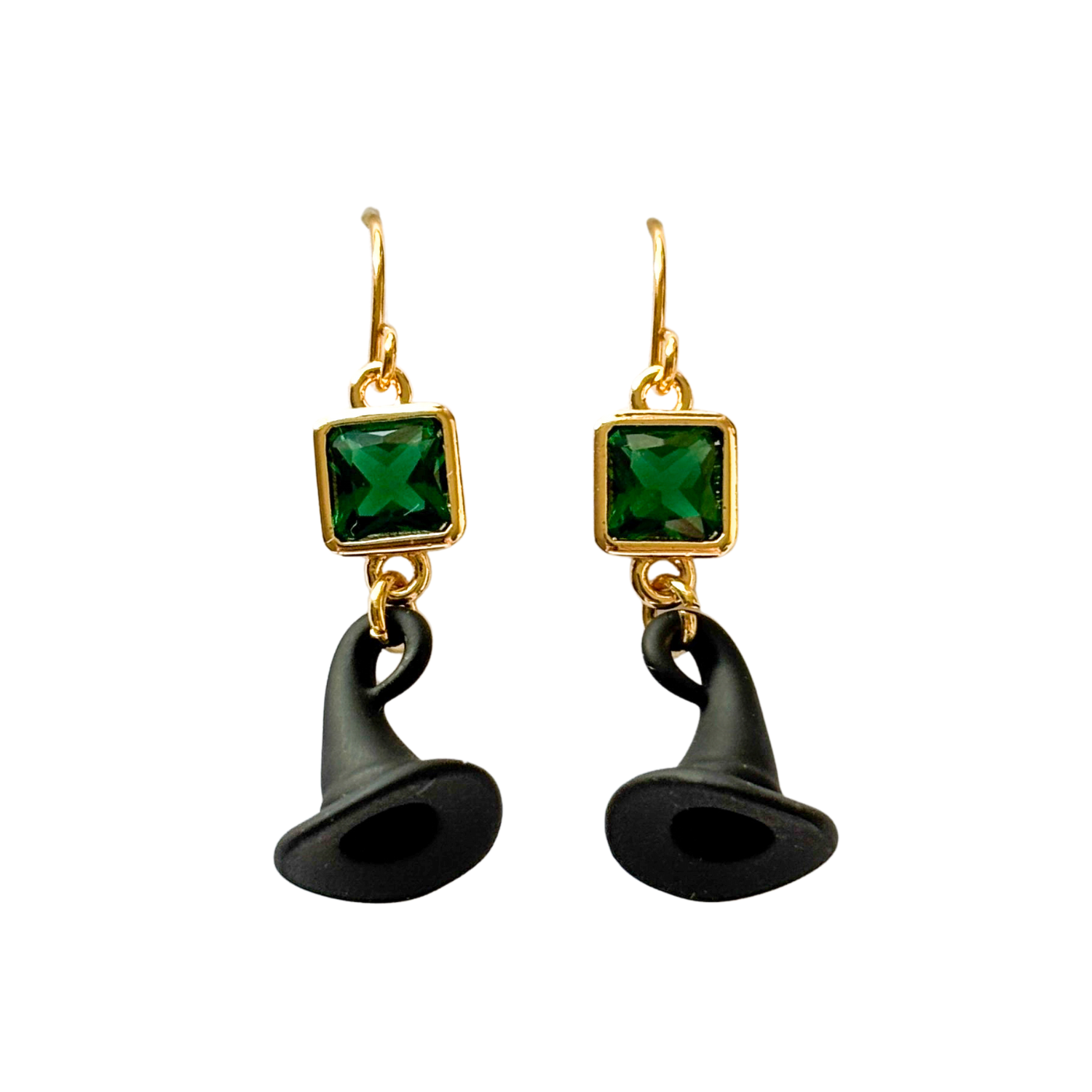 Wicked Witch Hat Dangle Earrings, Green CZ Charm, Witchcore Jewellery