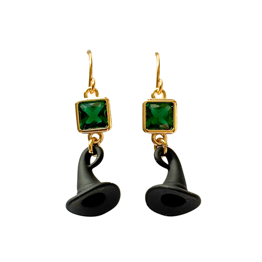 Wicked Witch Hat Dangle Earrings, Green CZ Charm, Witchcore Jewellery