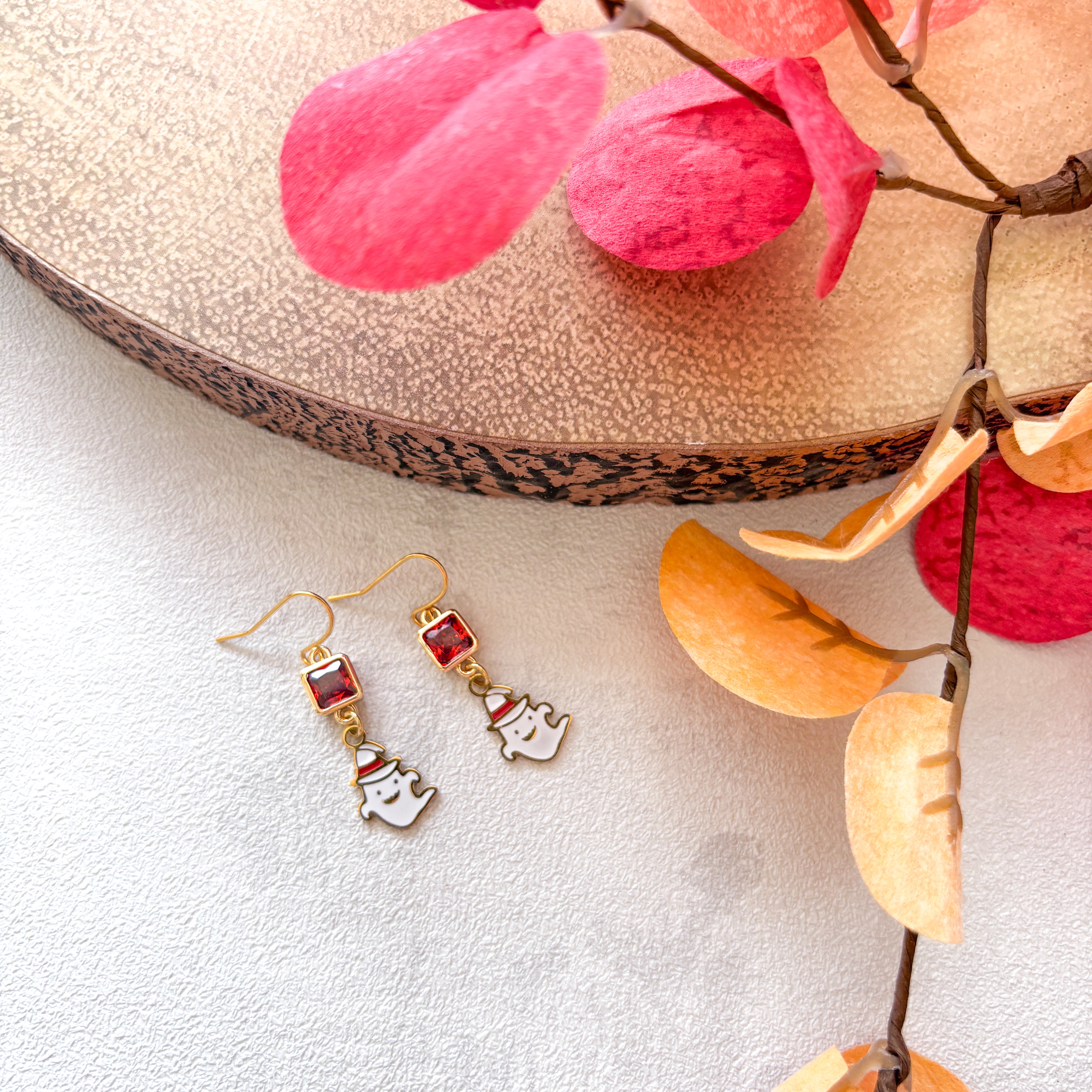 White Enamel Ghost Earrings with Witch Hat – Halloween Jewellery