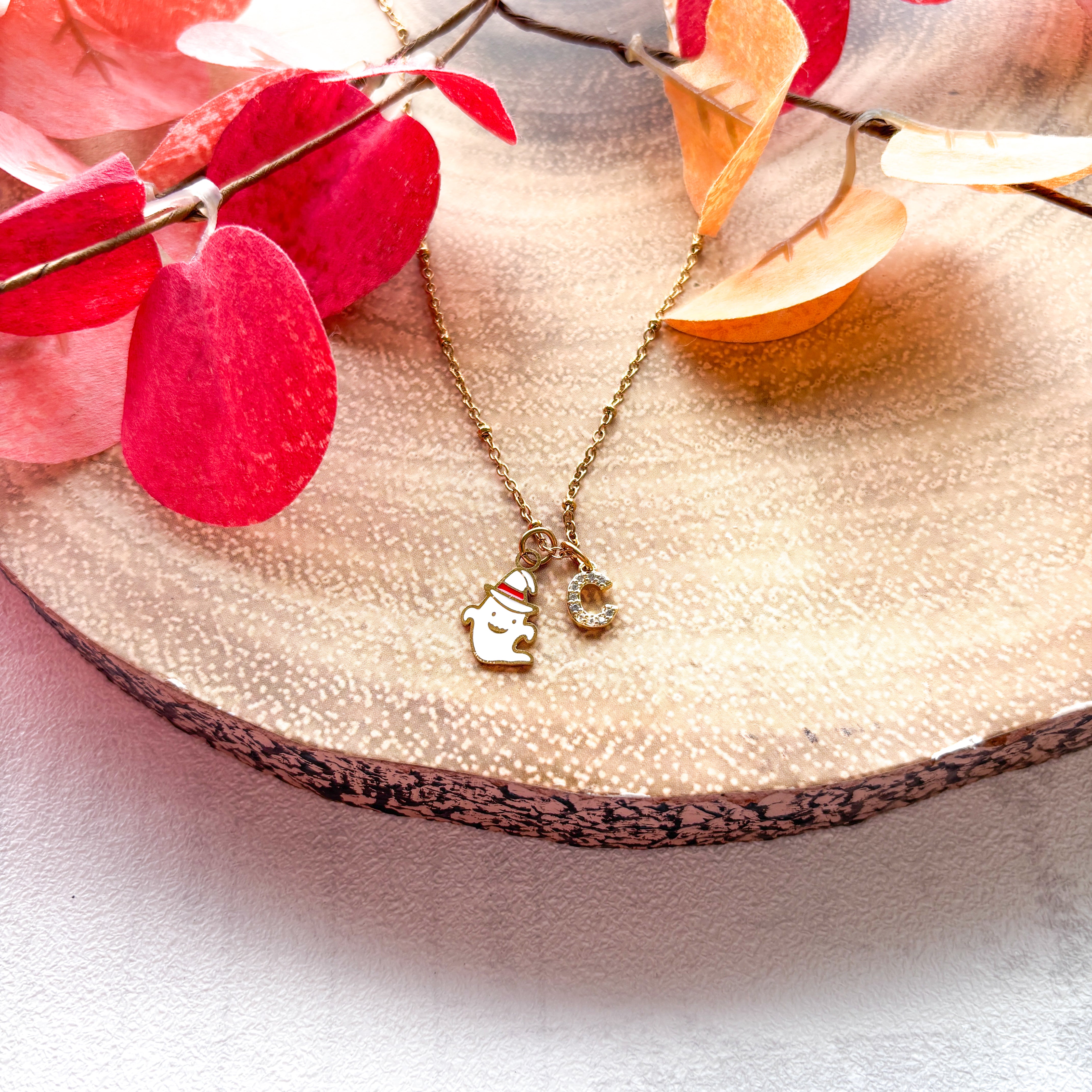 Personalised Ghost Necklace – White Enamel Ghost with Witch Hat