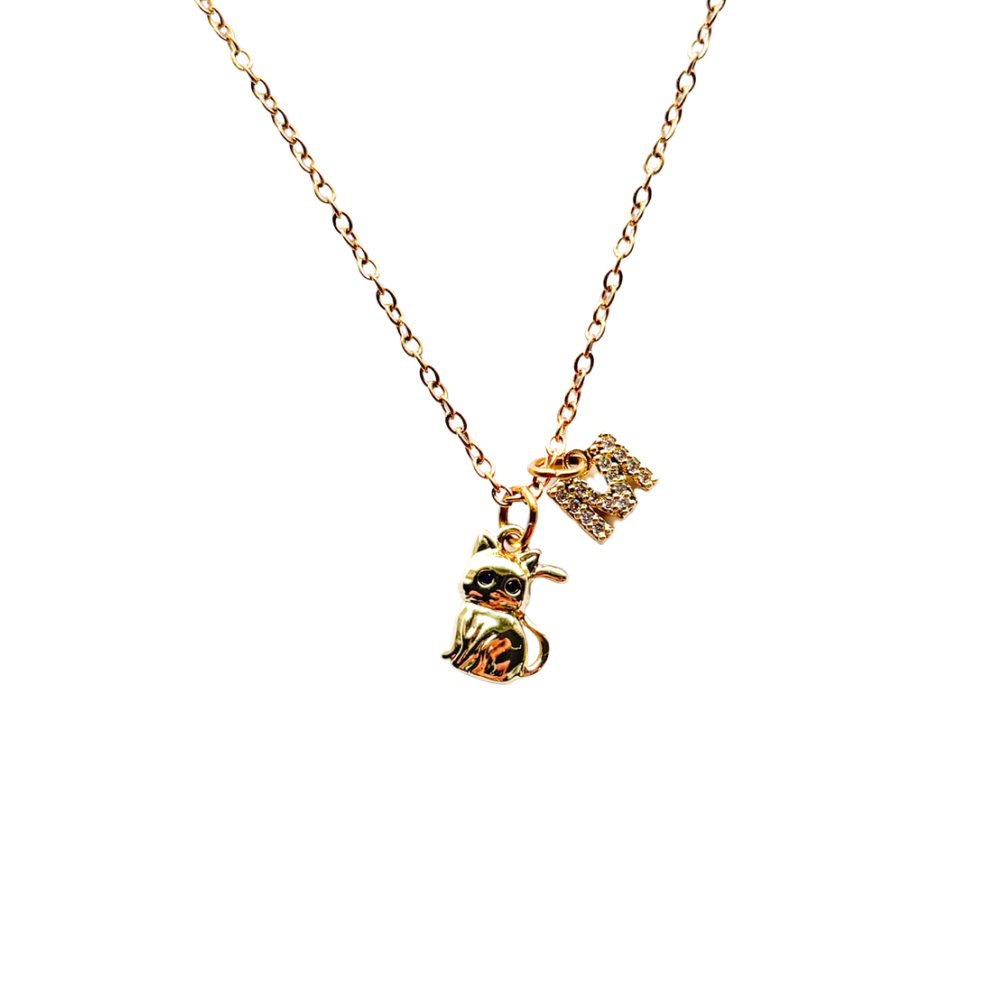 Personalised Cat Necklace – Gold Cat with Black Enamel Eyes