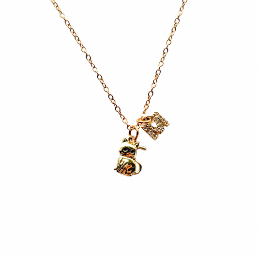 Personalised Cat Necklace – Gold Cat with Black Enamel Eyes