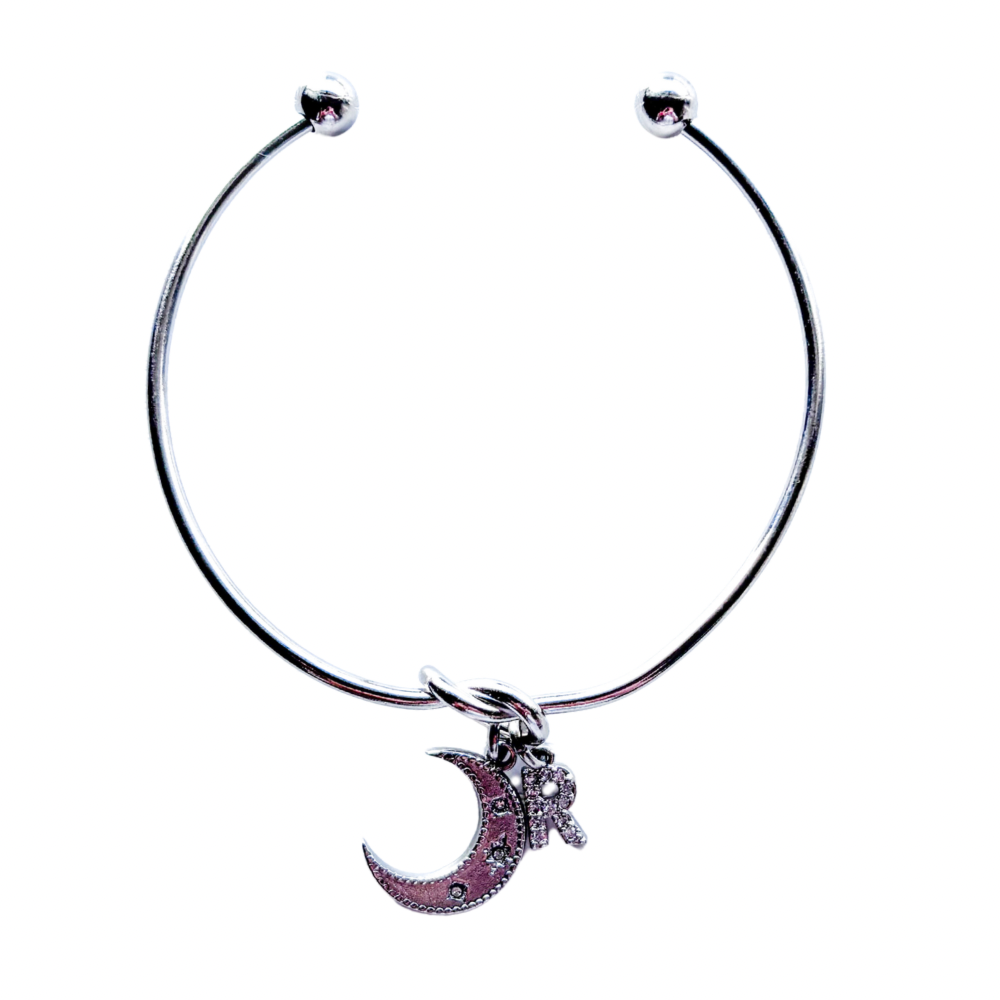 Personalised Half Moon Bangle – Initial Charm Celestial Bracelet