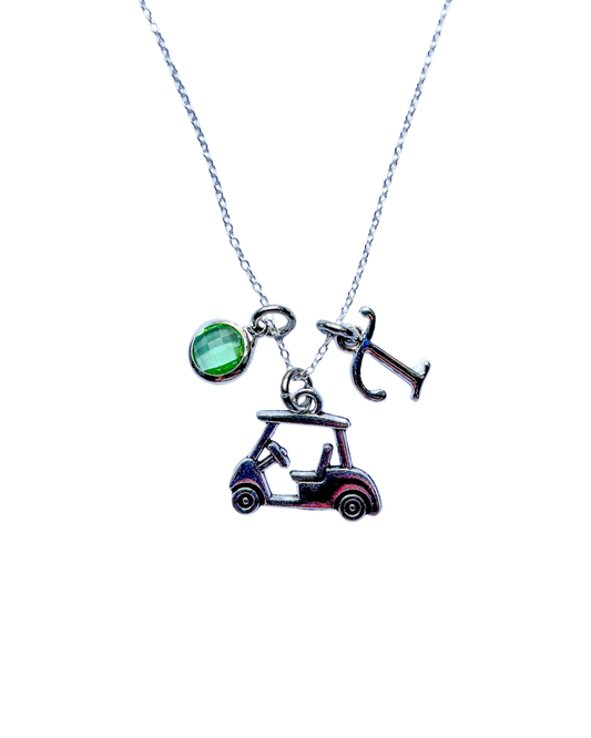 Personalised Golf Cart Necklace Birthstone and Initial