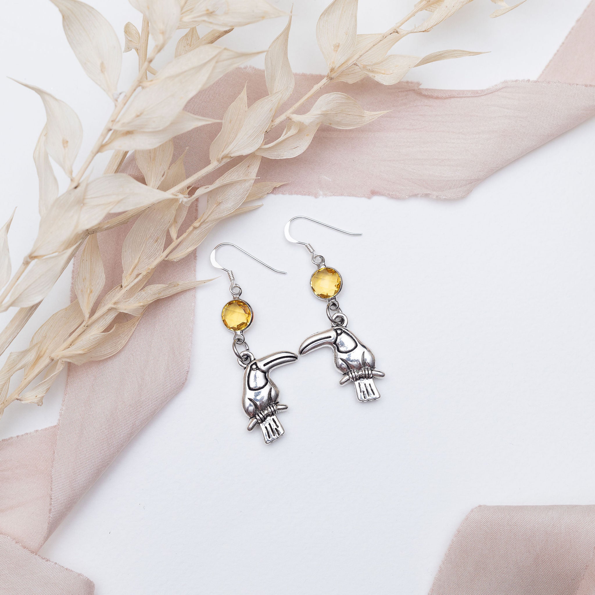 Personalised Toucan Birthstone Charm Earrings