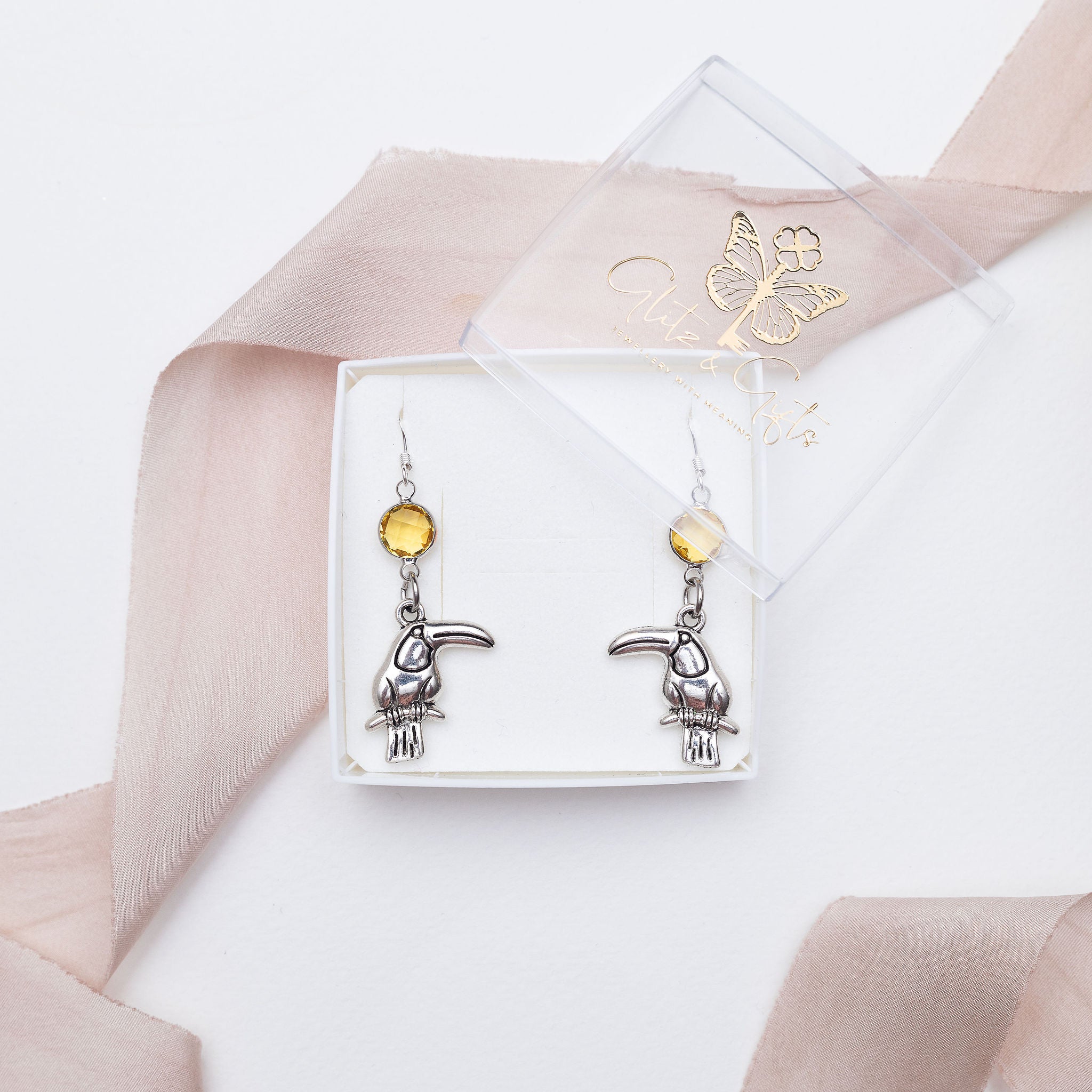 Personalised Toucan Birthstone Charm Earrings