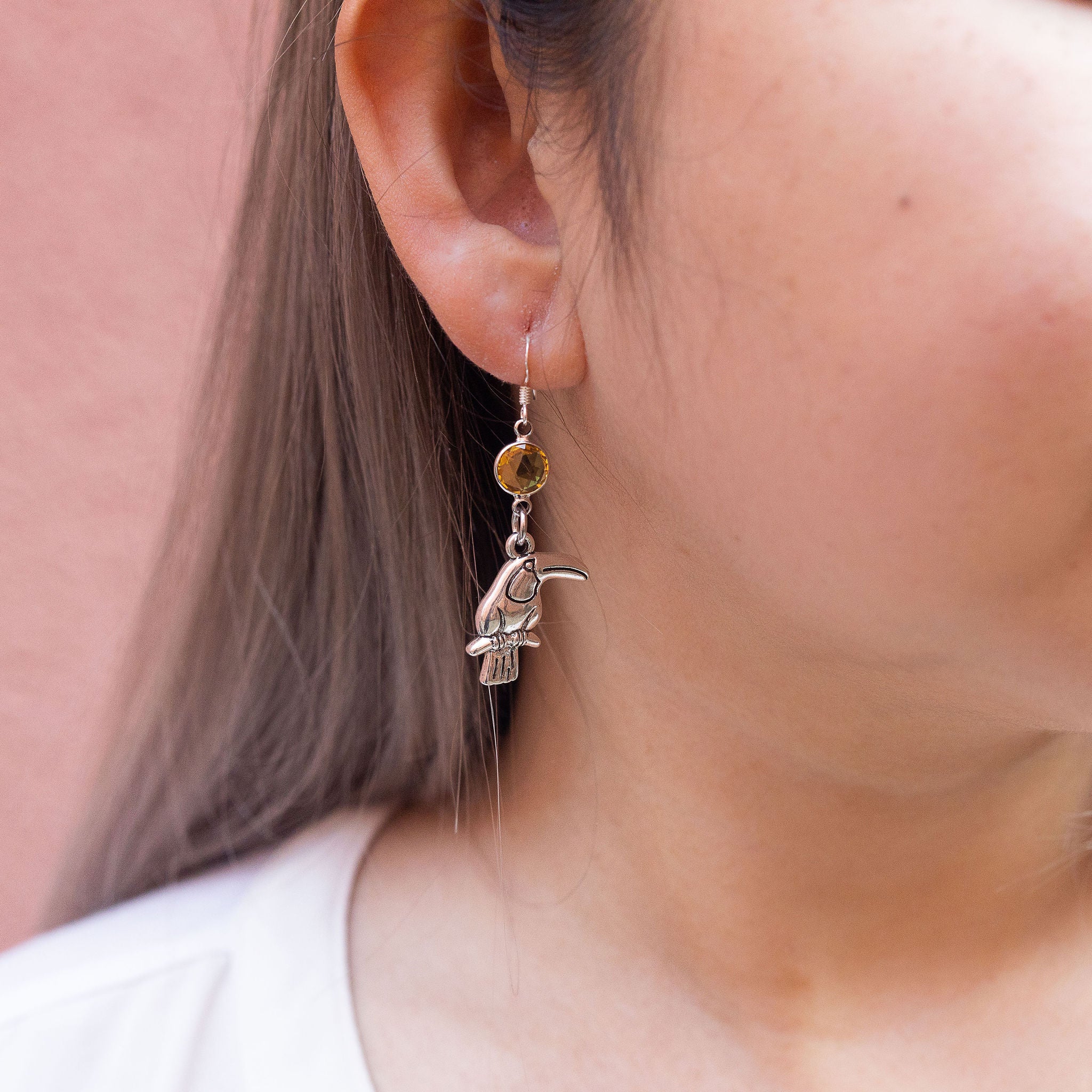 Personalised Toucan Birthstone Charm Earrings