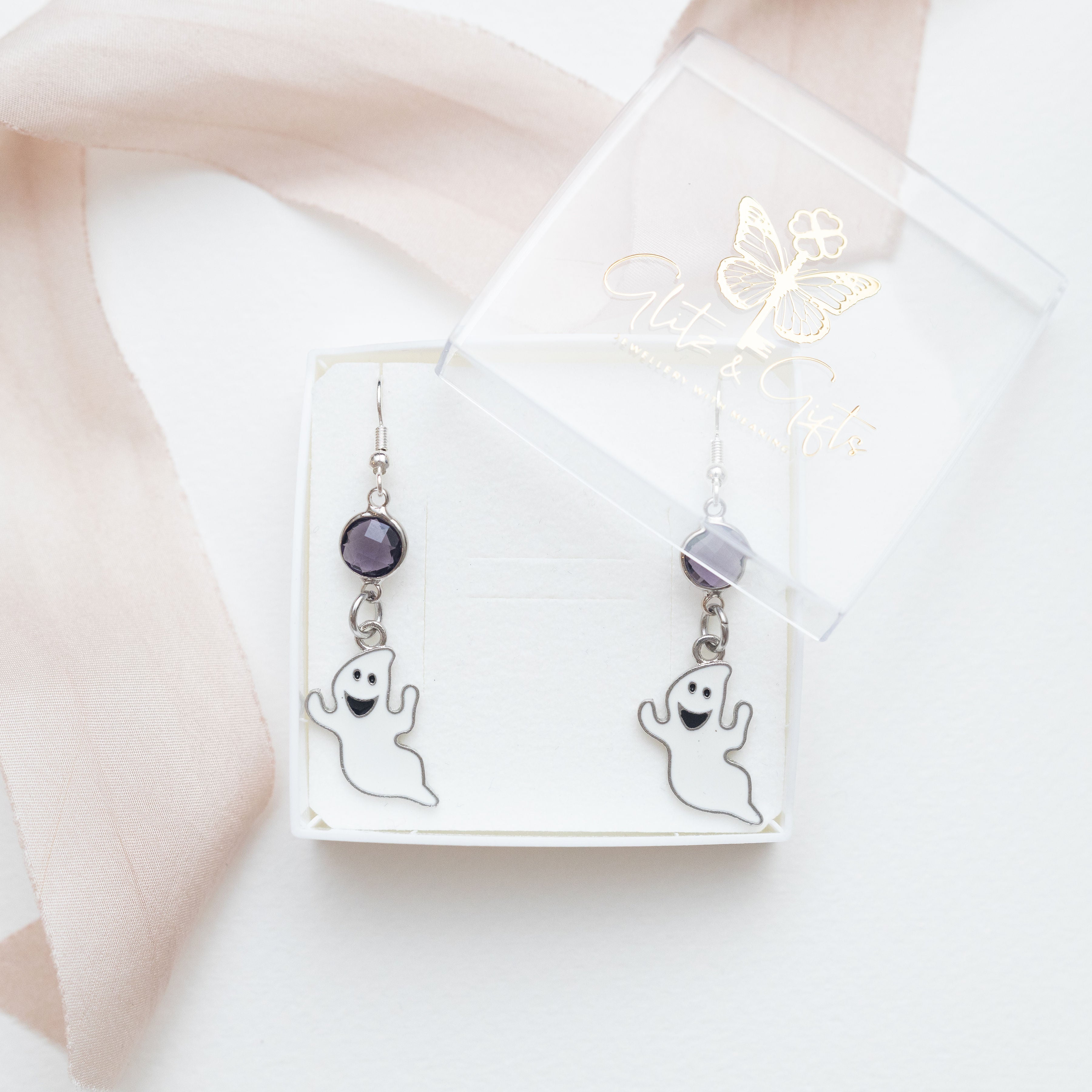 Personalised Ghost Birthstone Charm Earrings