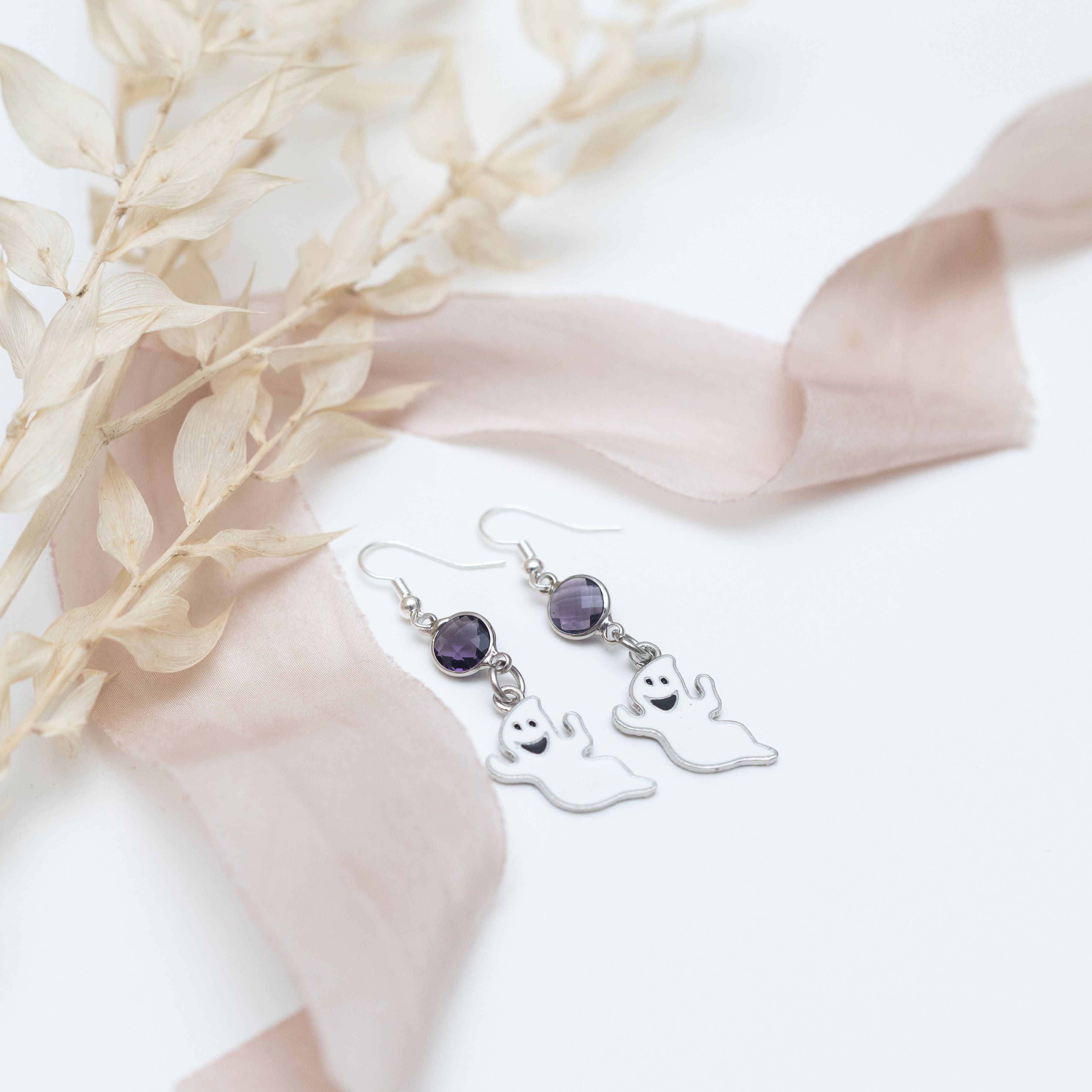 Personalised Ghost Birthstone Charm Earrings