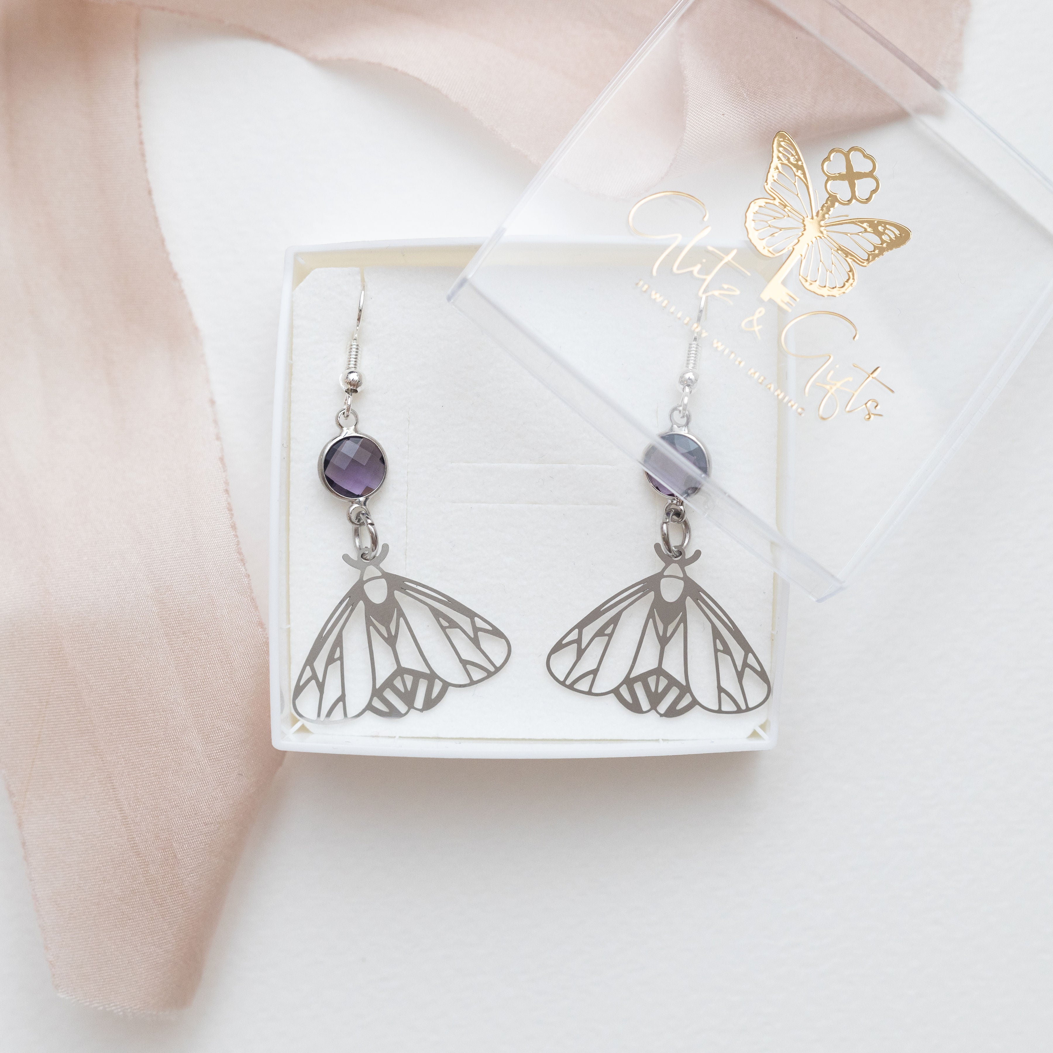 Personalised Moth Birthstone Charm Earrings