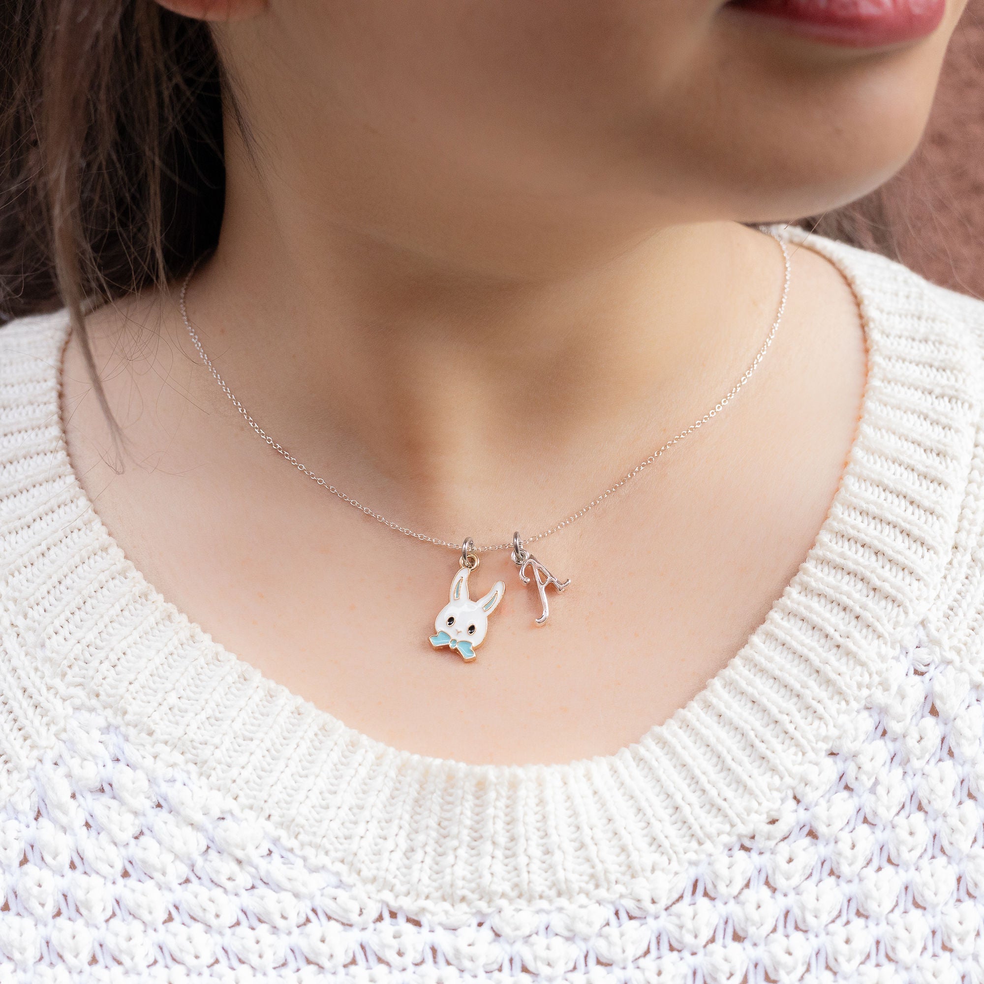 Personalised Easter Bunny Rabbit Blue Bow Necklace