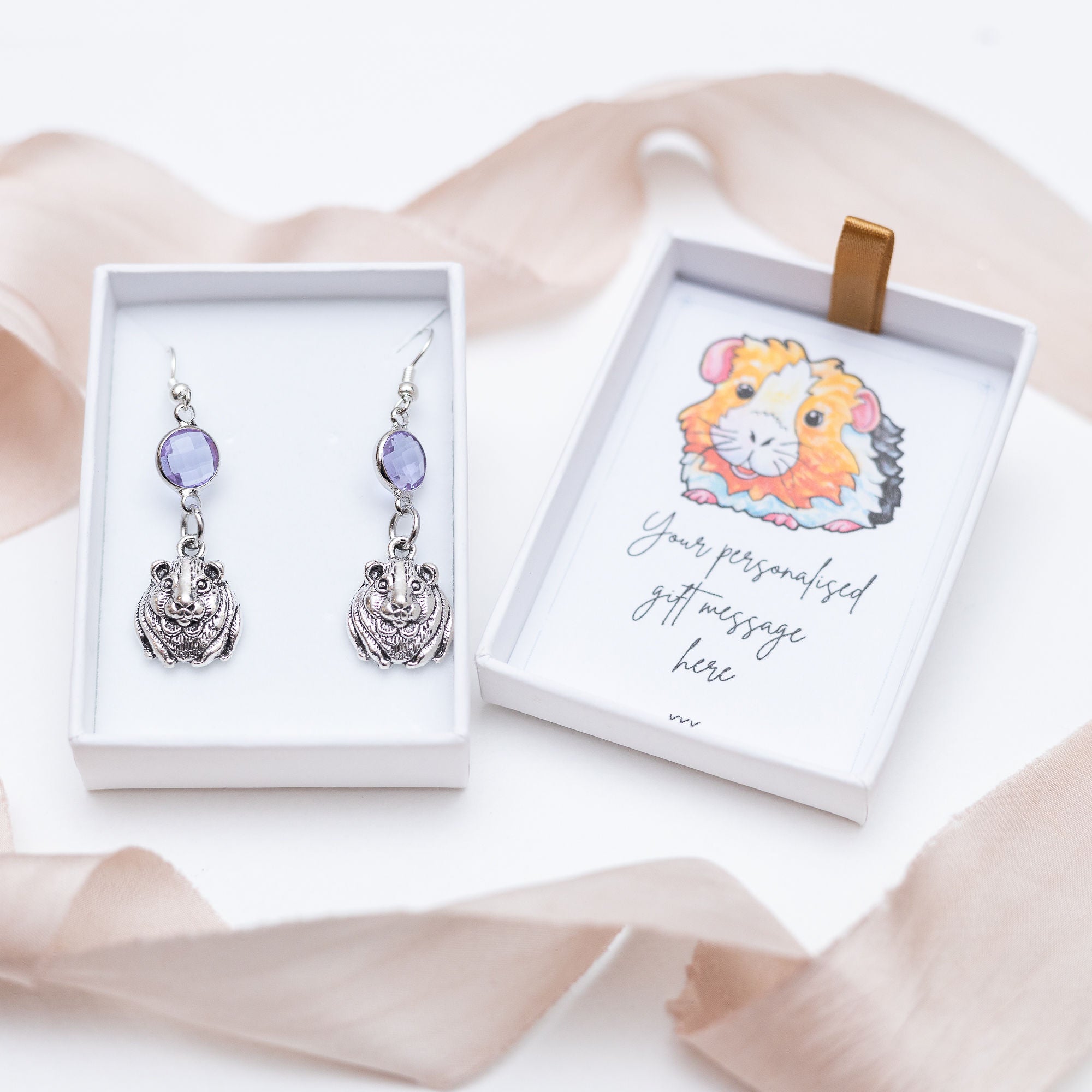 Personalised Guinea Pig Birthstone Charm Earrings