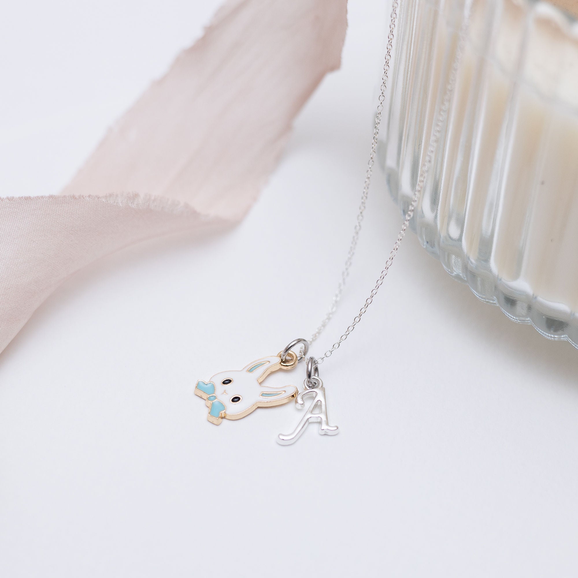 Personalised Easter Bunny Rabbit Blue Bow Necklace