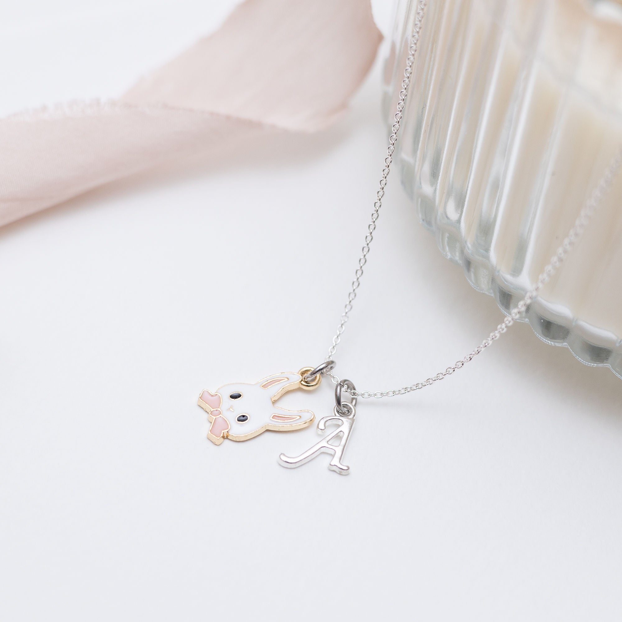 Personalised Easter Bunny Rabbit Pink Bow Necklace