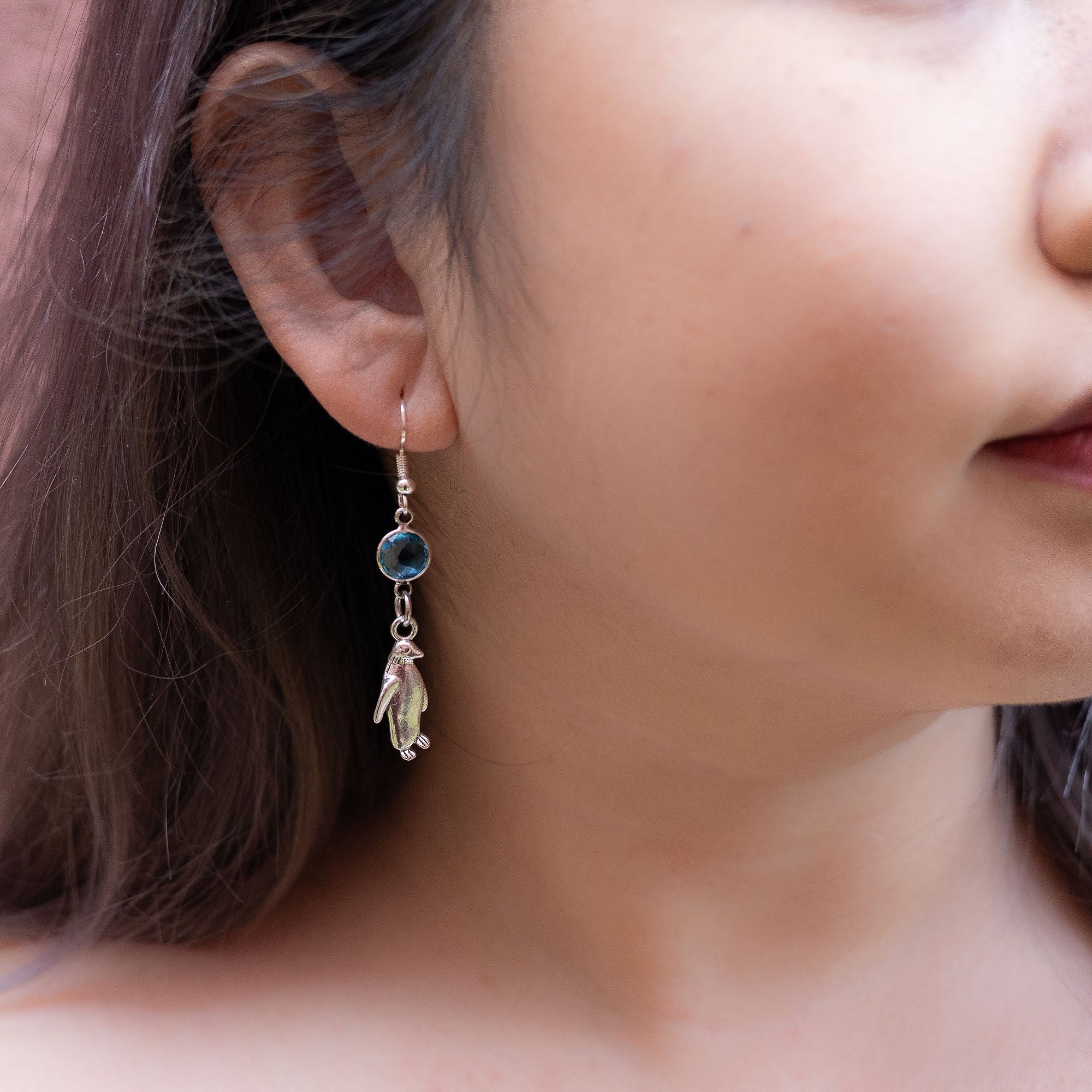 Personalised Penguin Birthstone Charm Earrings