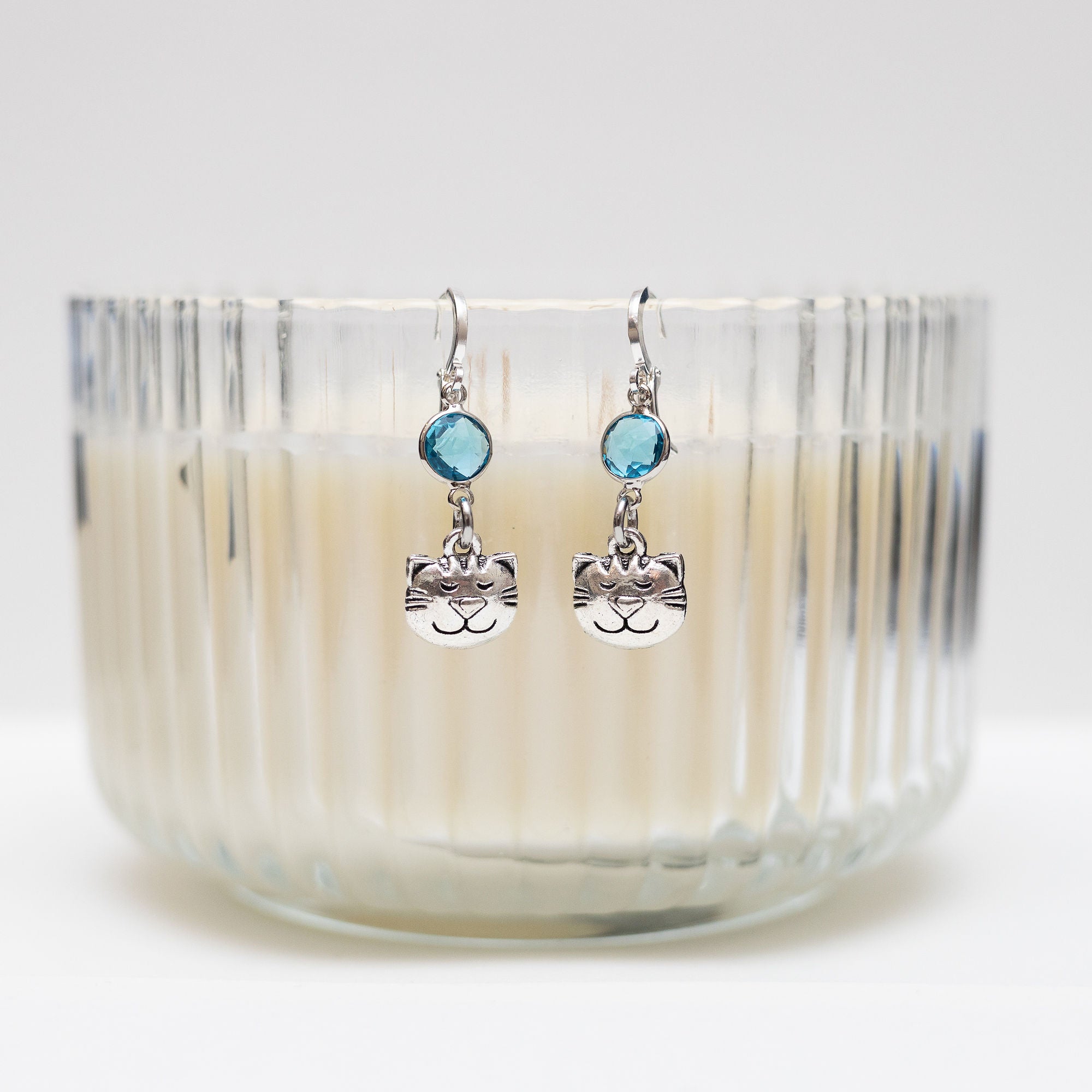 Cat Face Birthstone Charm Earrings