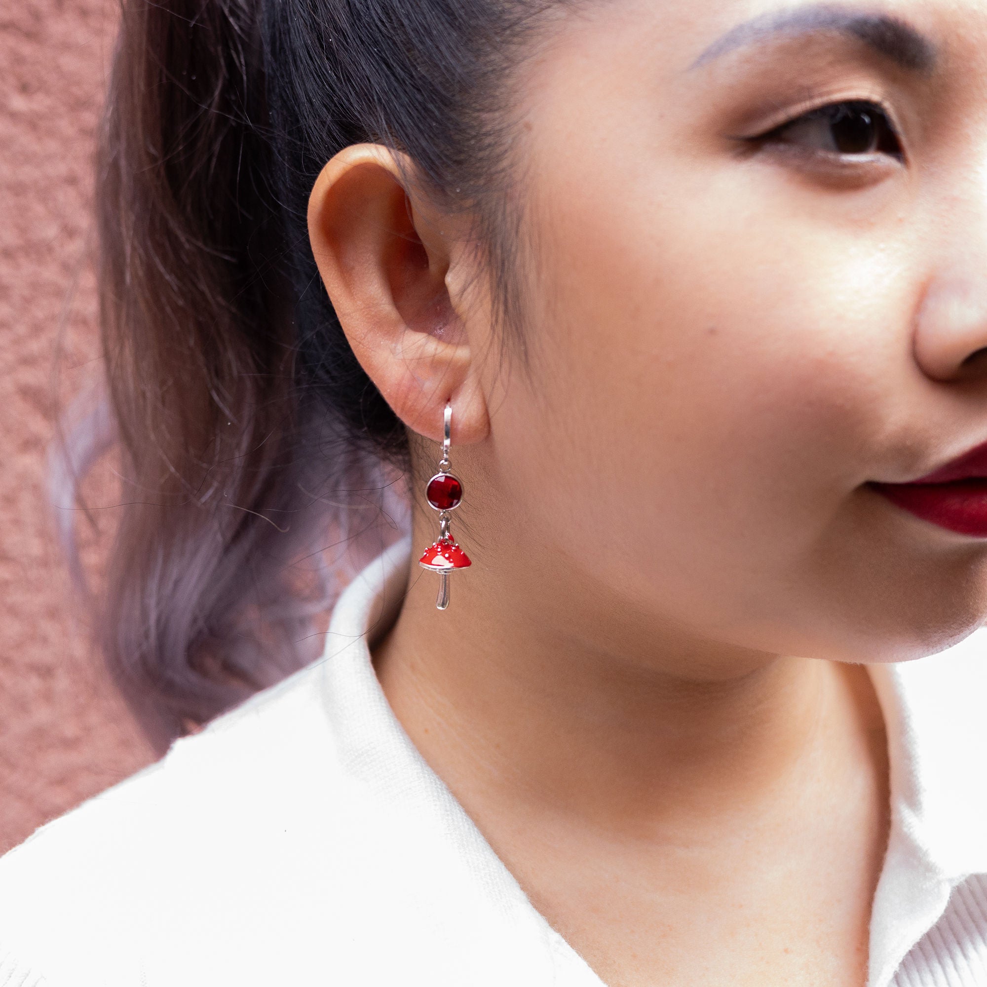 Red Toadstool Birthstone Charm Earrings