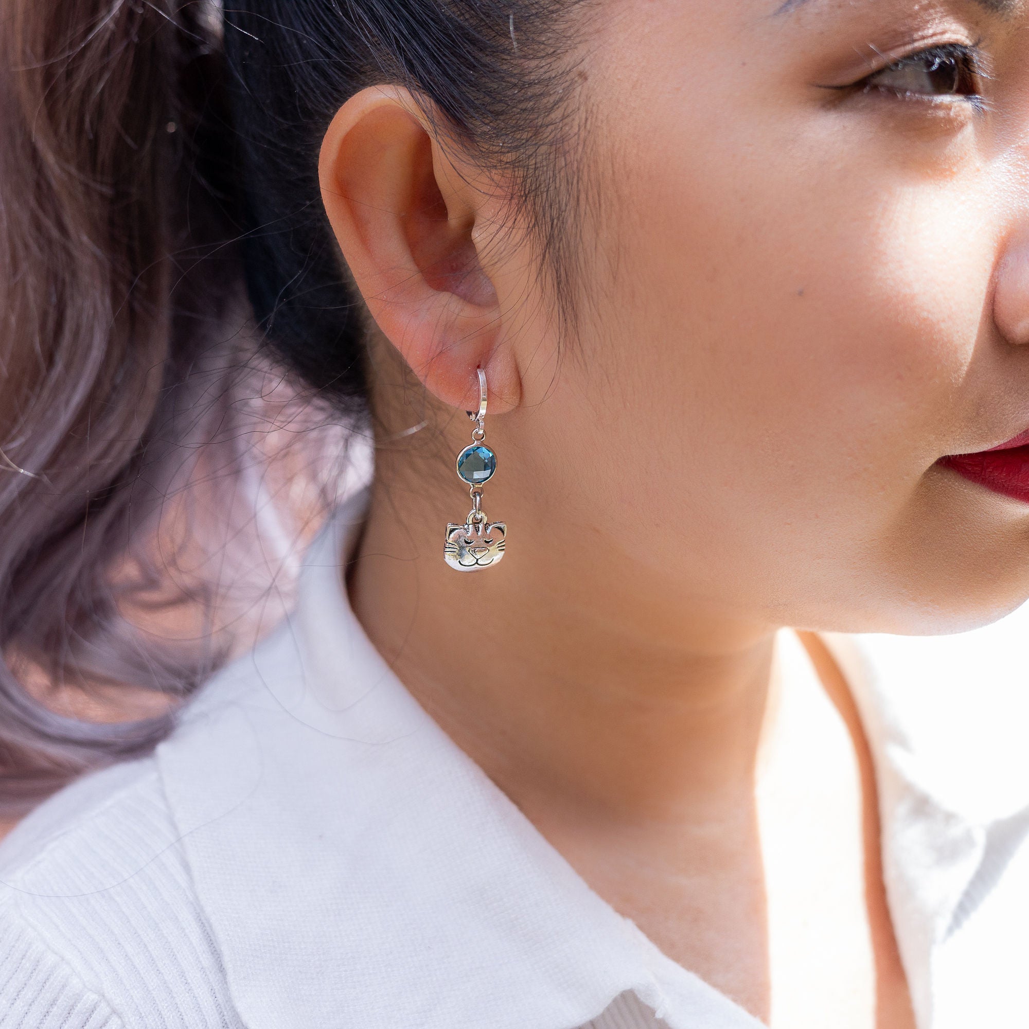 Cat Face Birthstone Charm Earrings