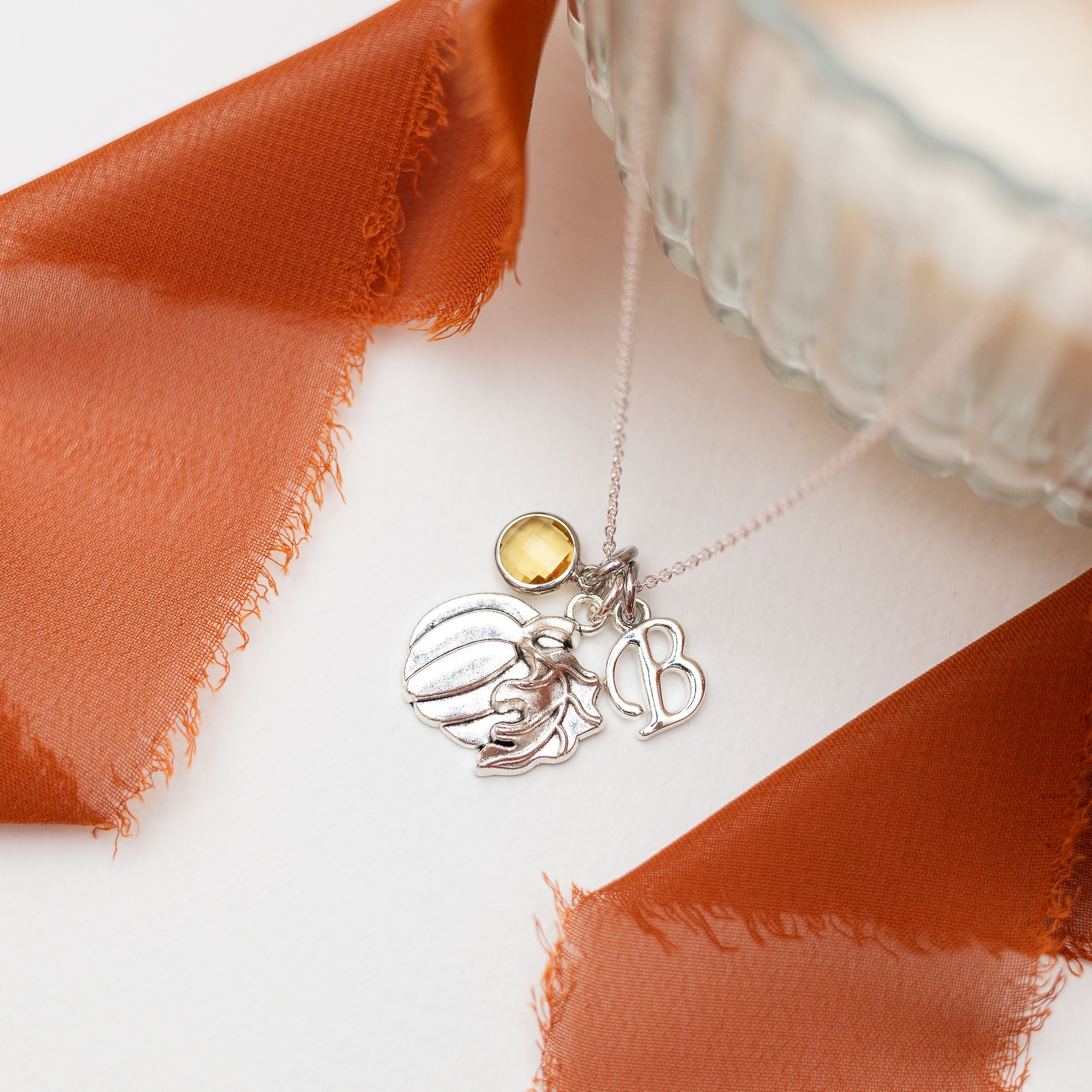Personalised Pumpkin Necklace Birthstone and Initial