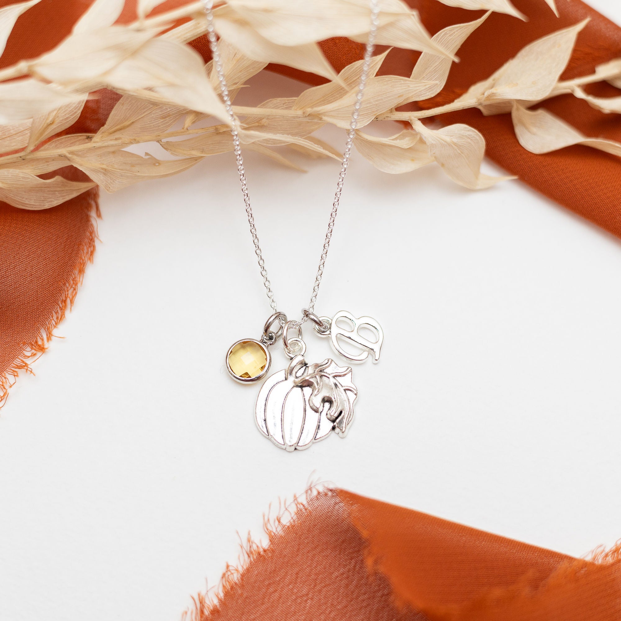 Personalised Pumpkin Necklace Birthstone and Initial