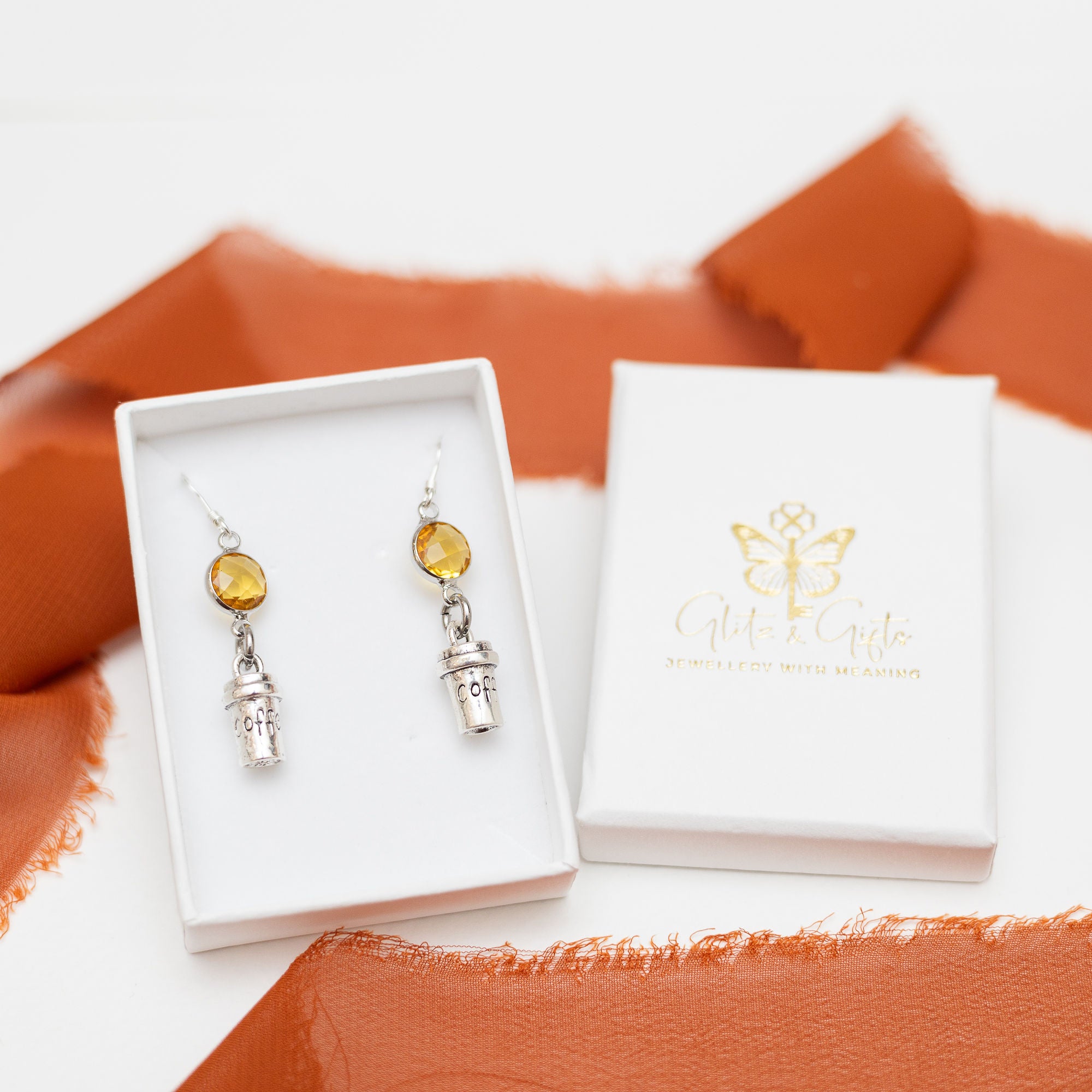 Personalised Coffee Cup Birthstone Charm Earrings