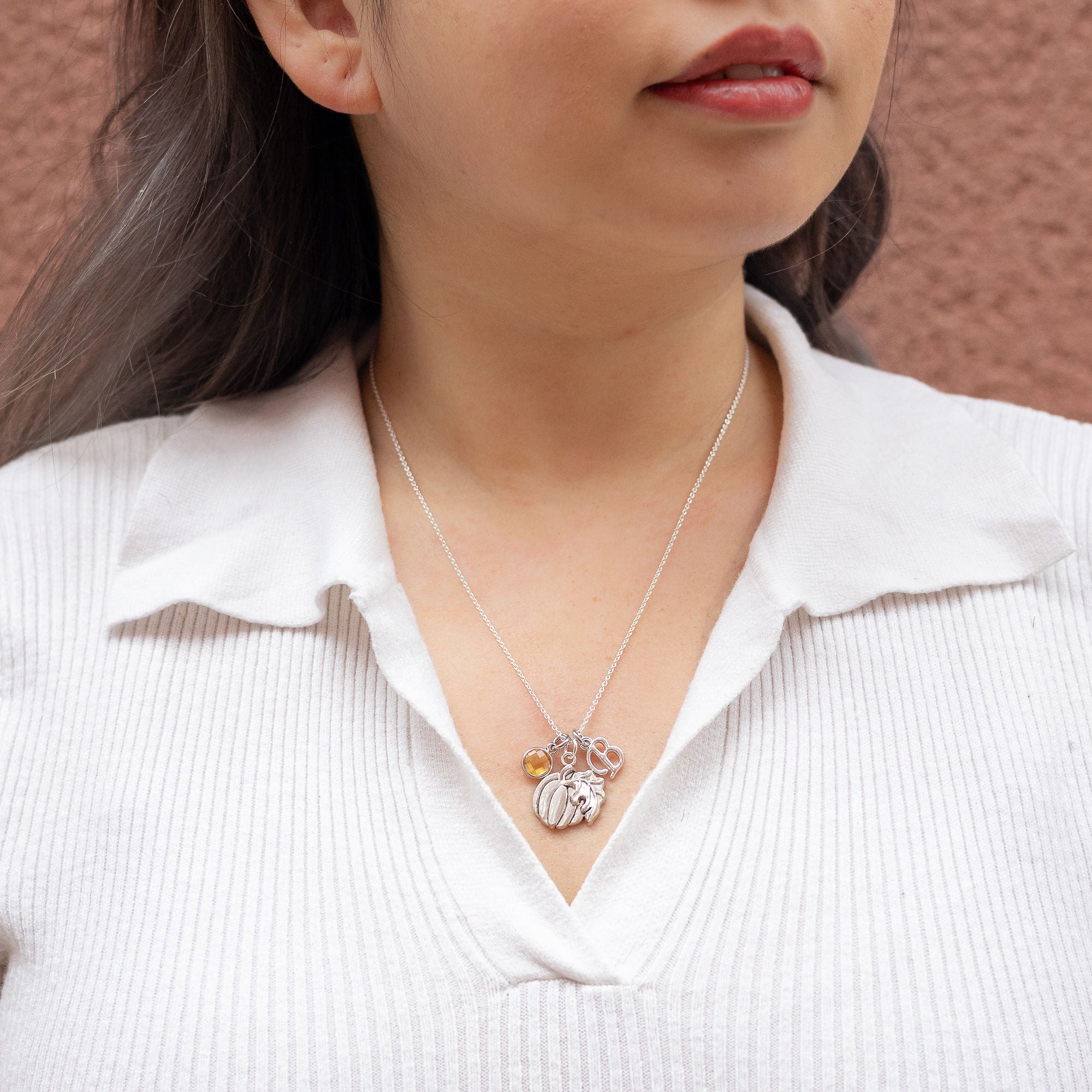 Personalised Pumpkin Necklace Birthstone and Initial