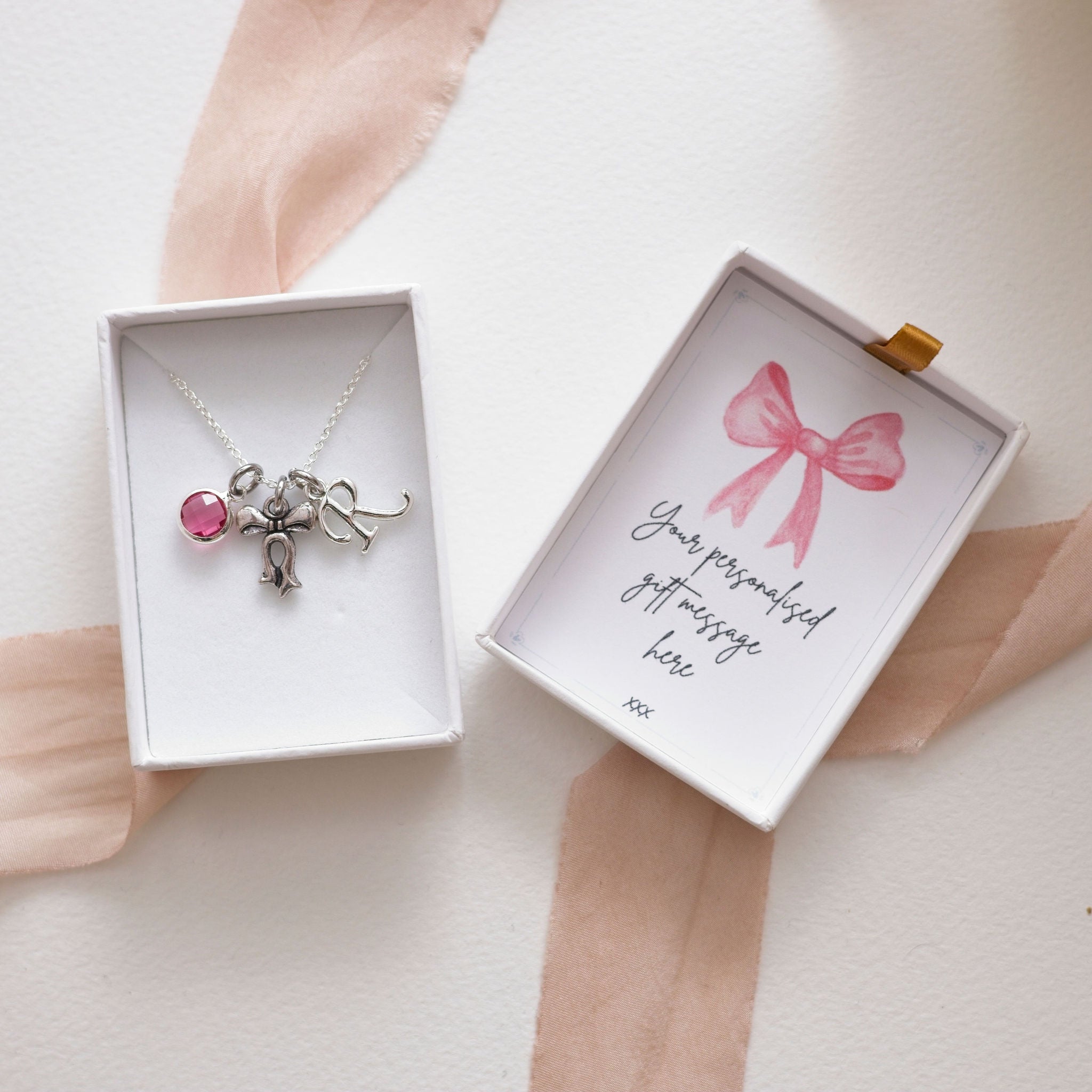 Personalised Bow Necklace Birthstone and Initial