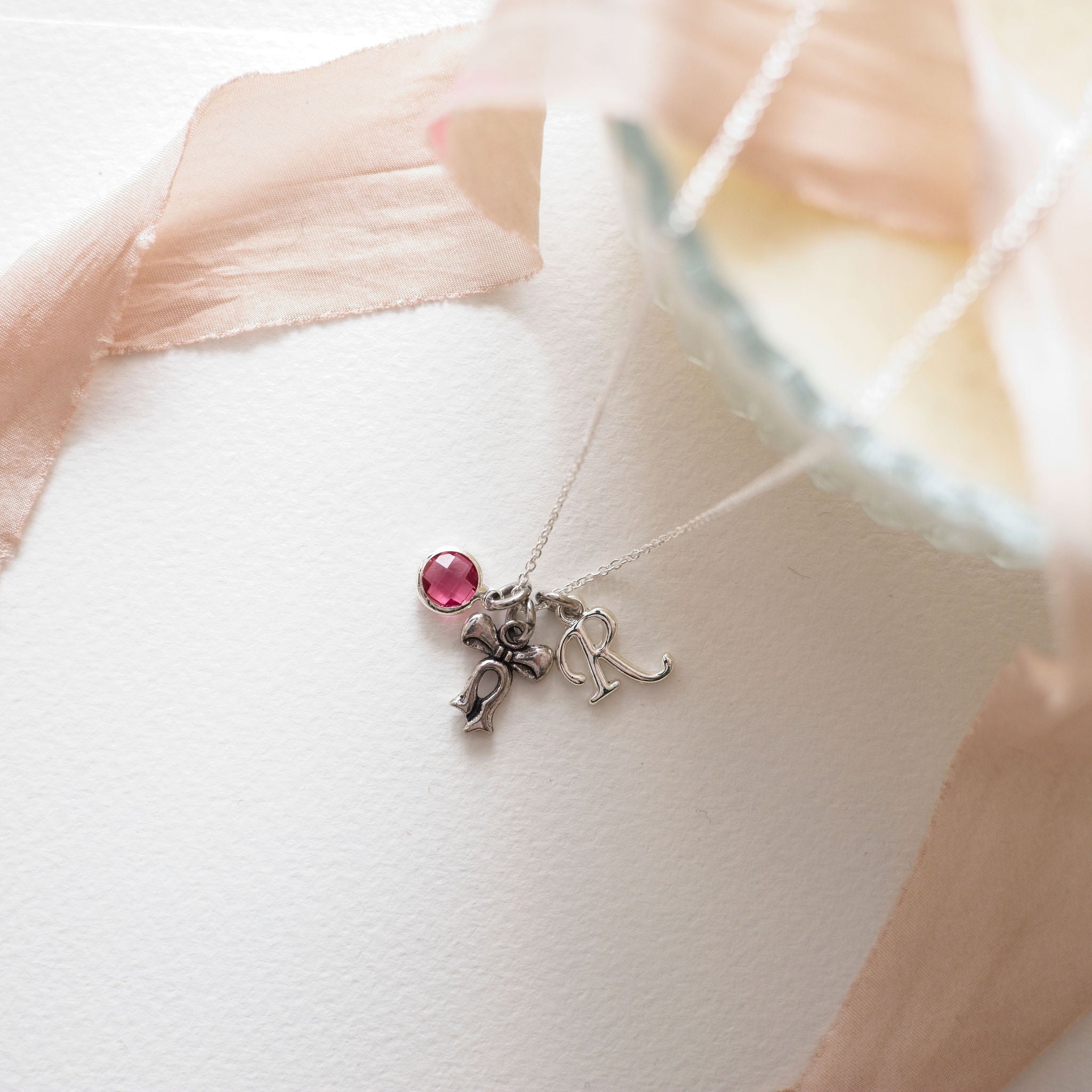 Personalised Bow Necklace Birthstone and Initial