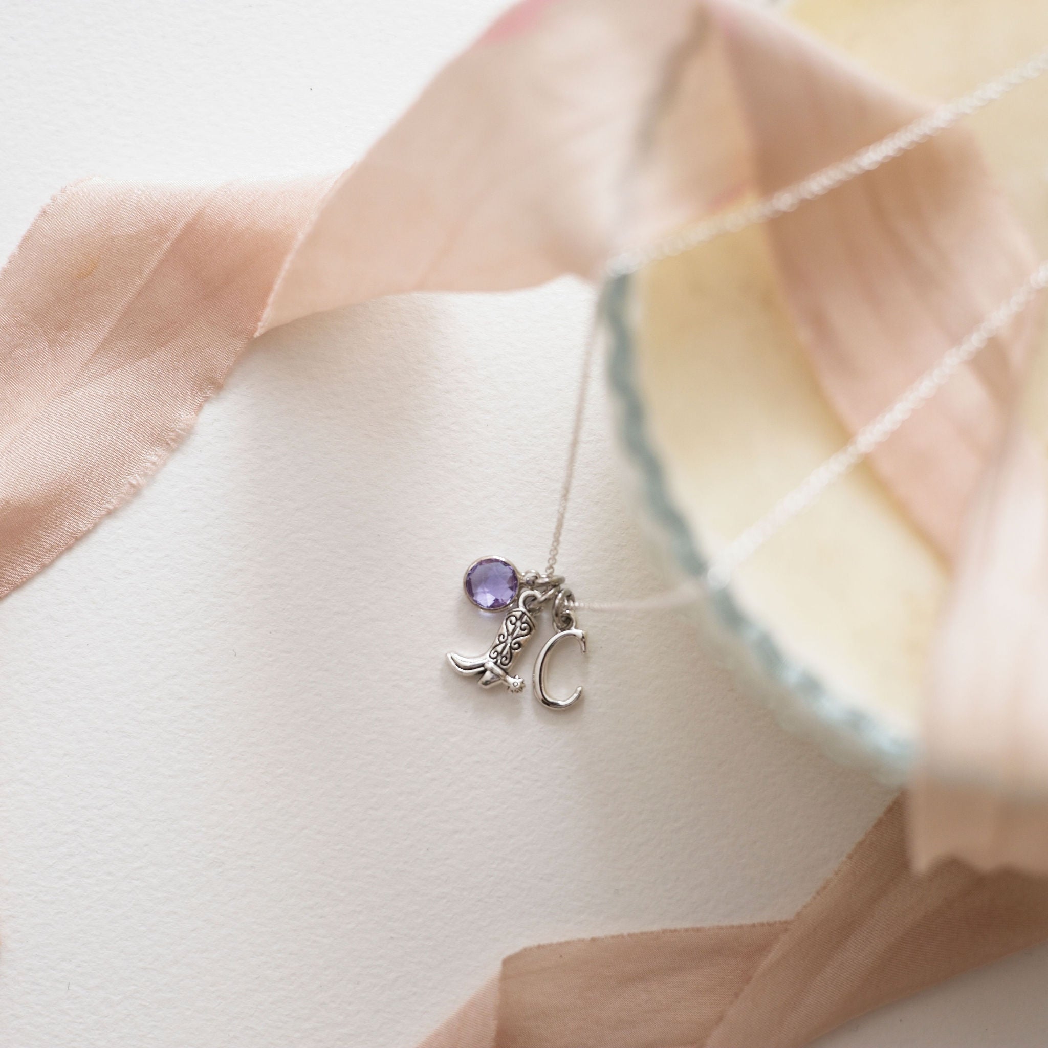 Personalised Cowboy Boot Necklace Birthstone and Initial
