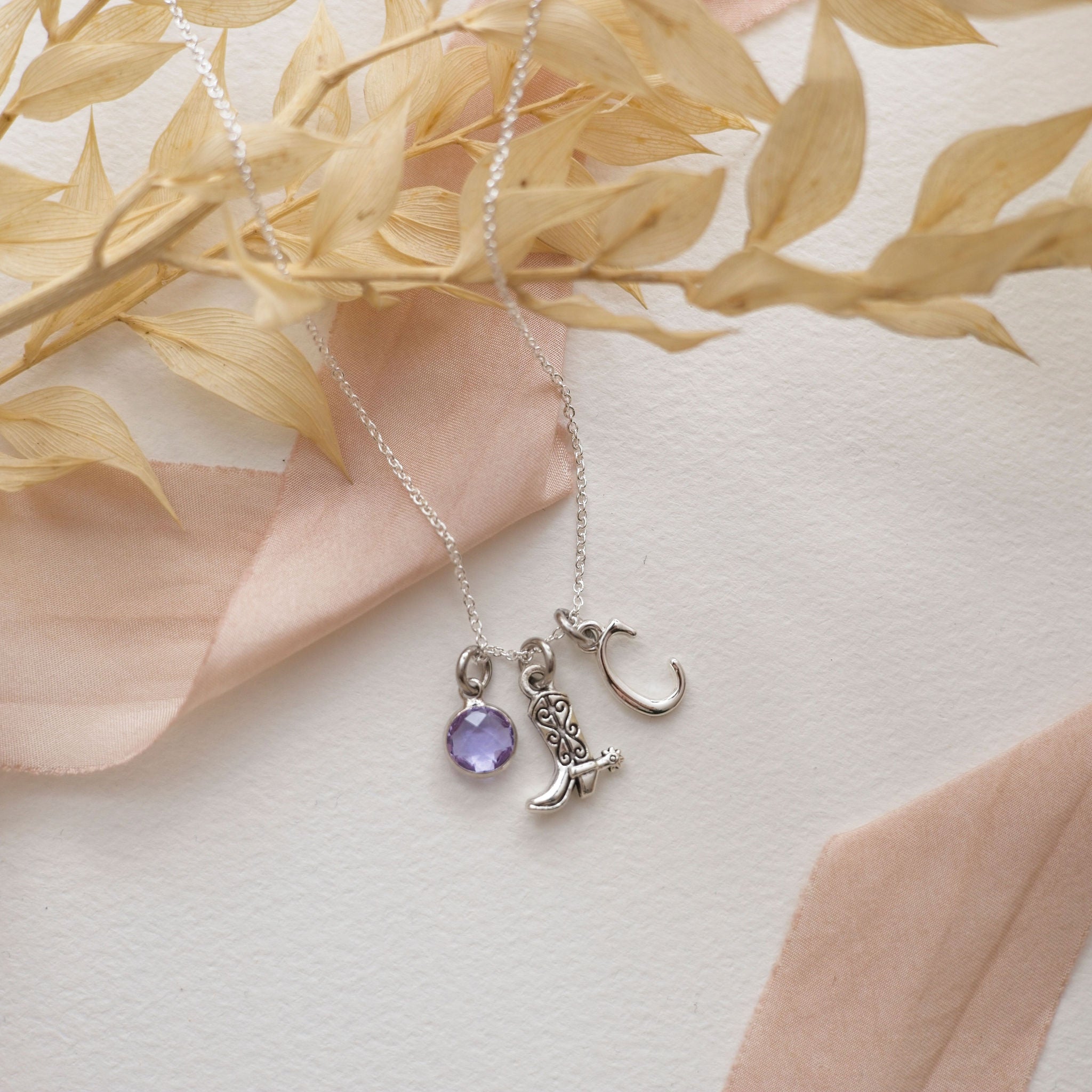 Personalised Cowboy Boot Necklace Birthstone and Initial