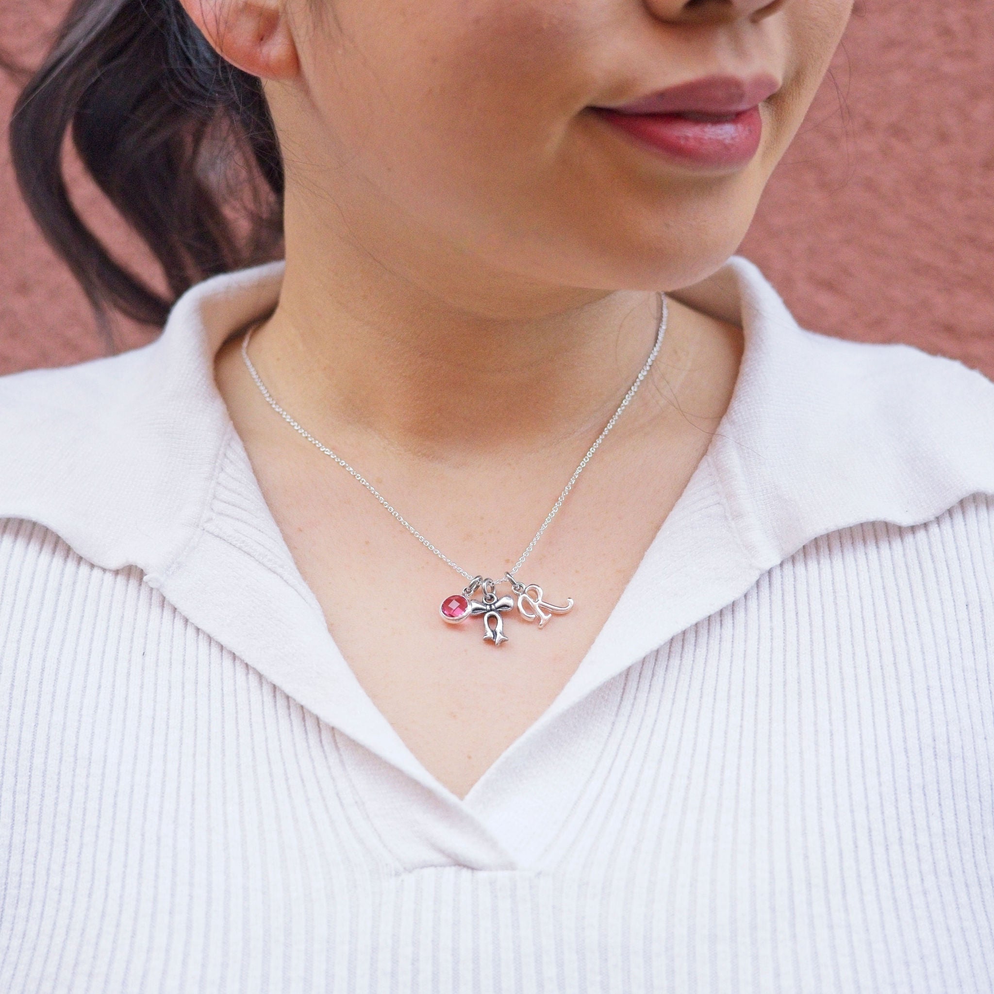 Personalised Bow Necklace Birthstone and Initial