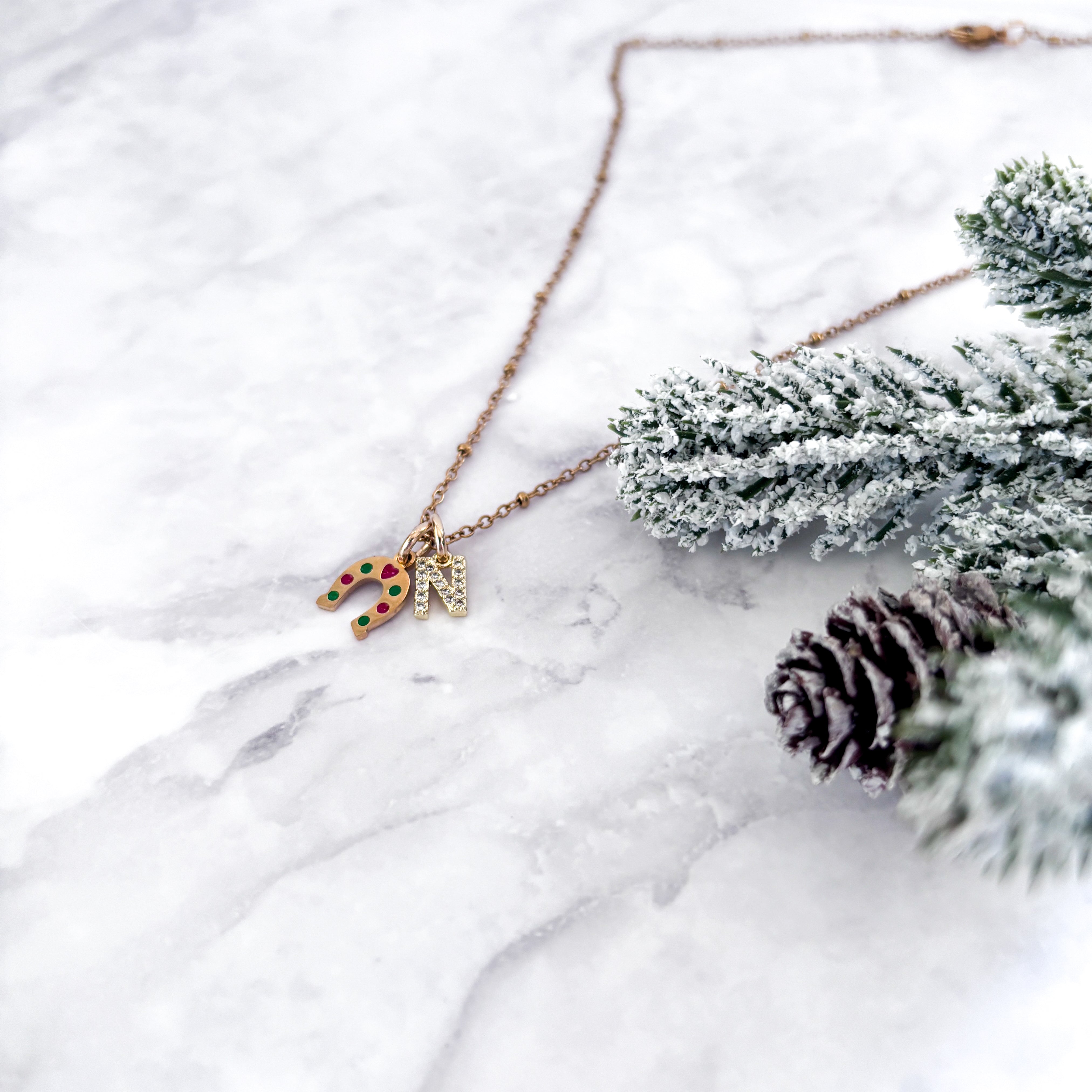 Personalised Christmas Horseshoe Necklace with Initial Charm