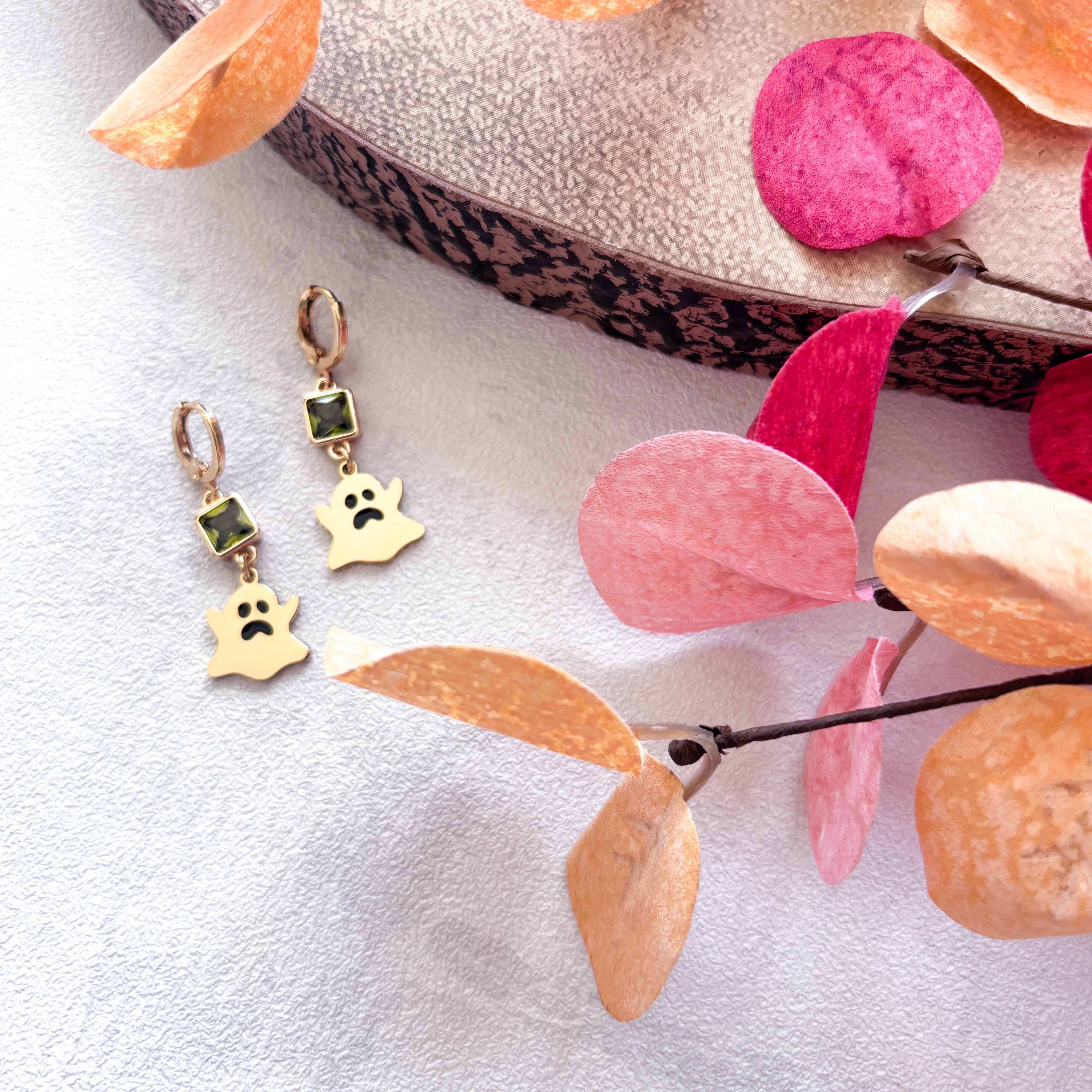 Ghost Earrings with Black Enamel Eyes – Birthstone Halloween Jewellery