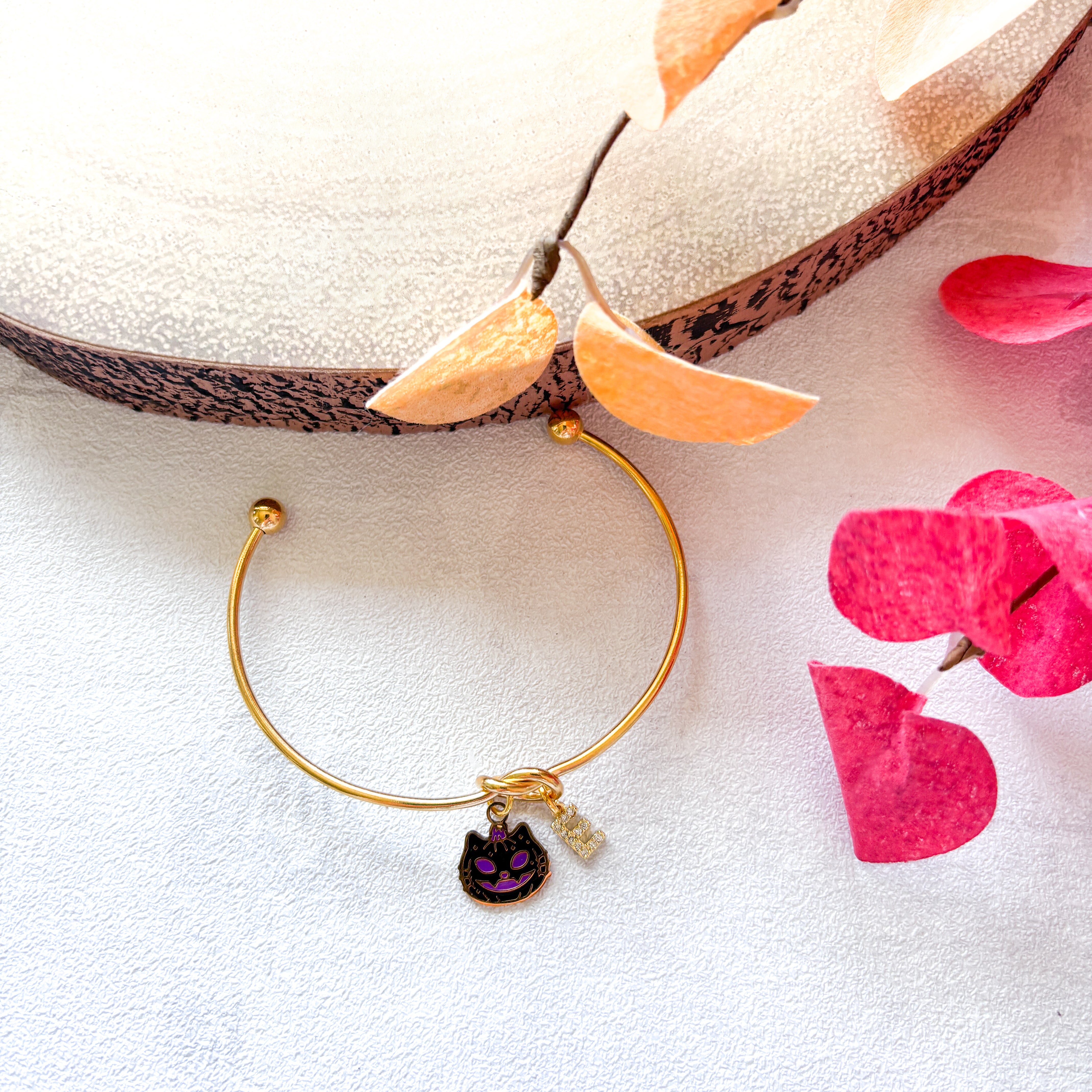 Black Cat Halloween Bangle – Personalised Initial Bracelet