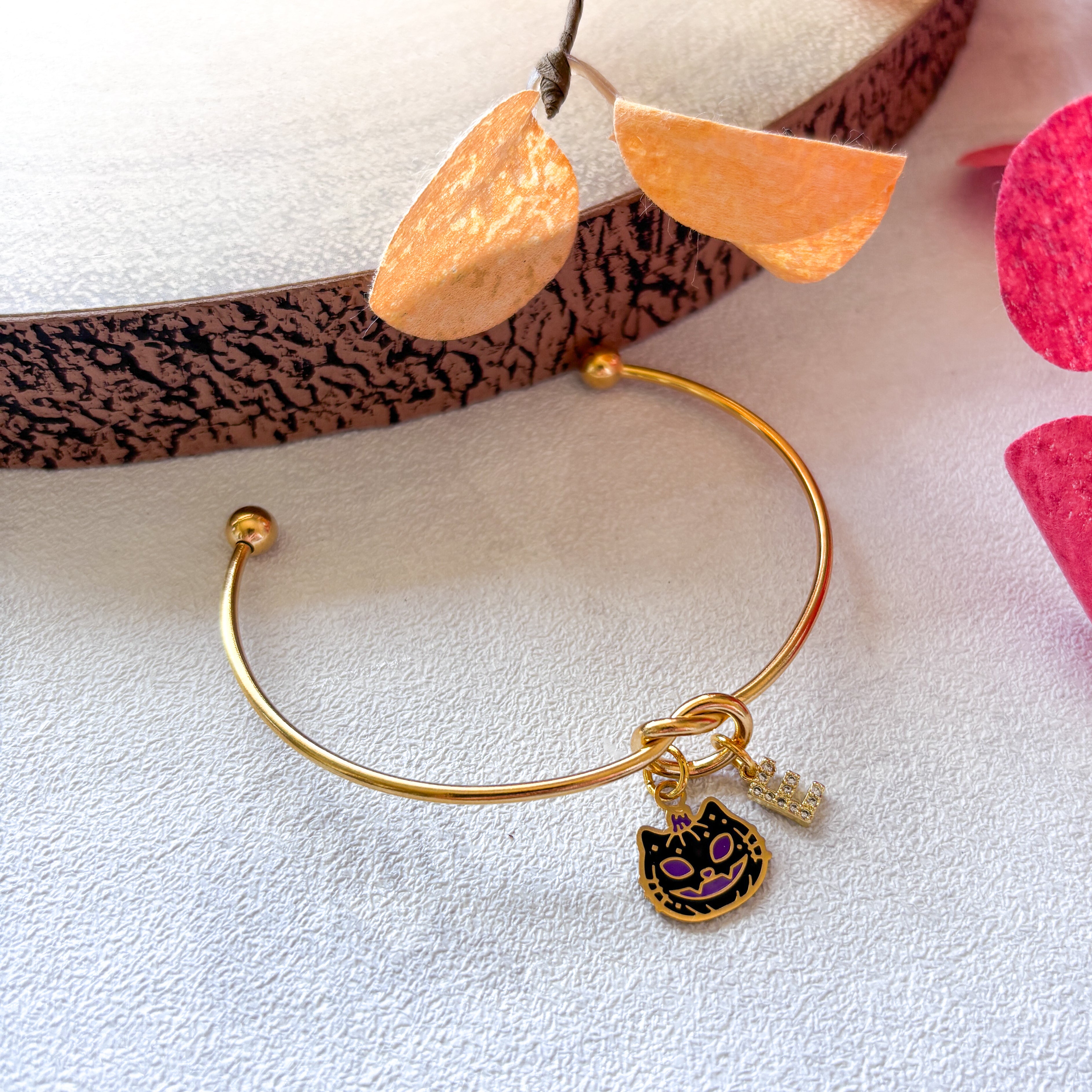 Black Cat Halloween Bangle – Personalised Initial Bracelet