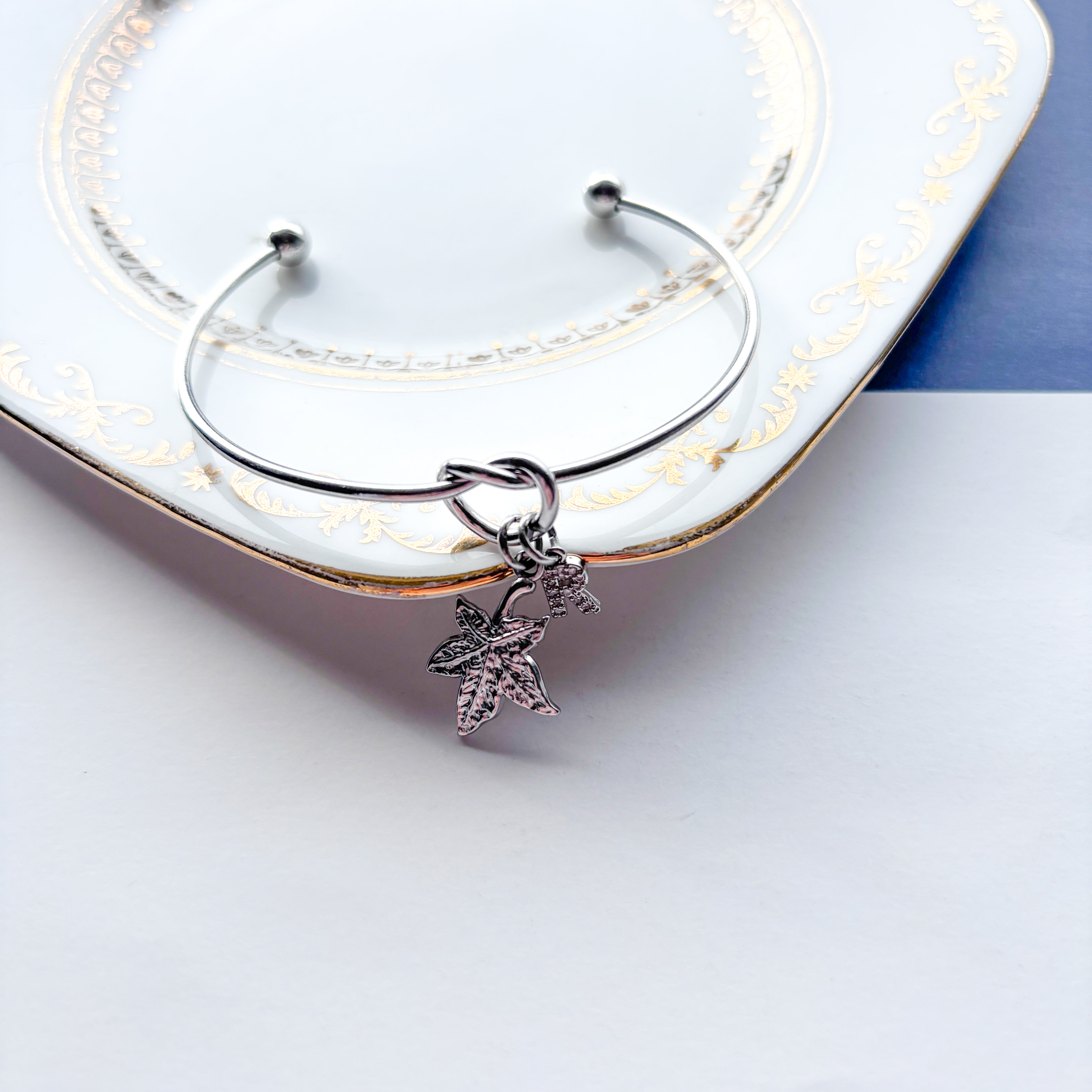 Personalised Maple Leaf Bracelet – Autumn Leaf Initial Charm Bangle