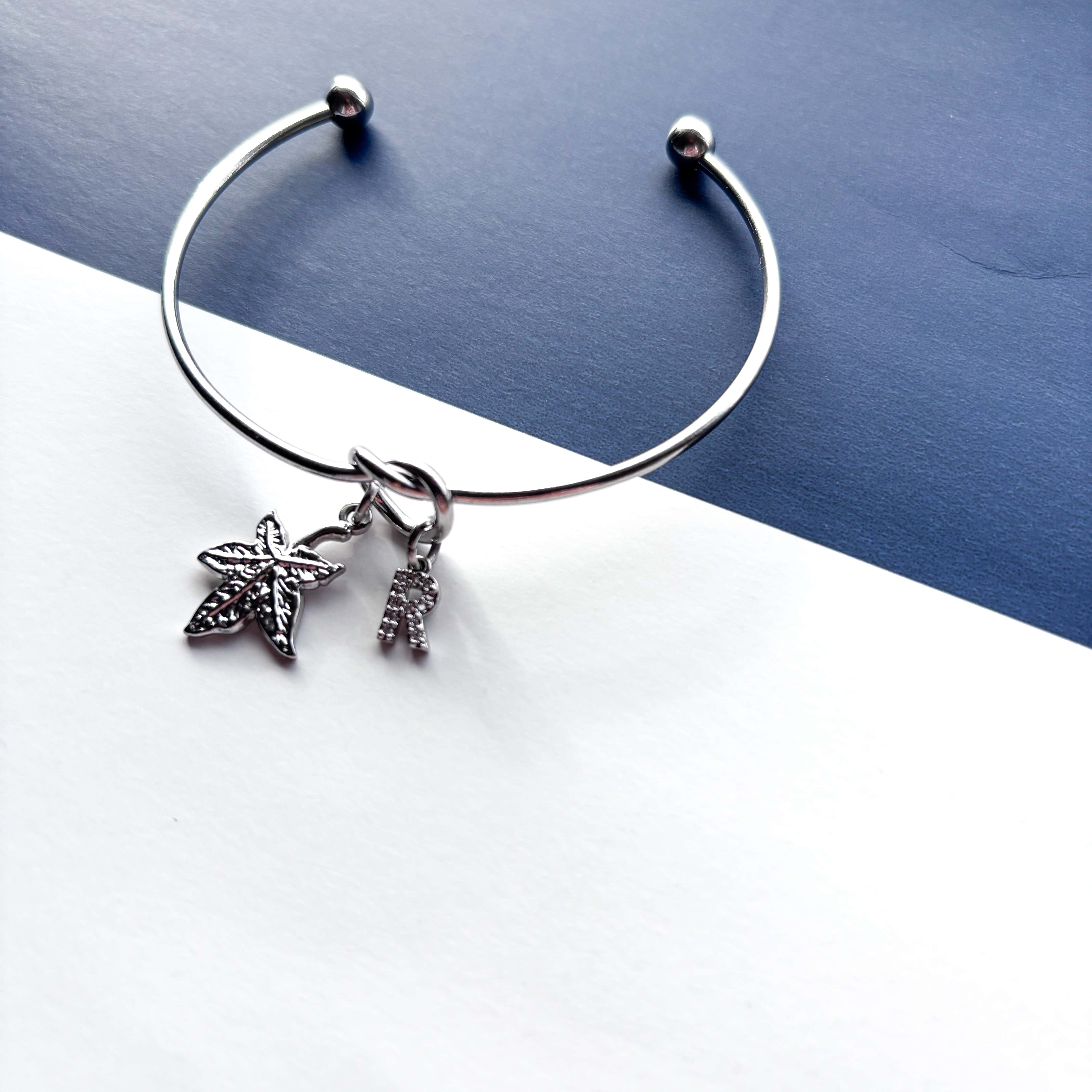 Personalised Maple Leaf Bracelet – Autumn Leaf Initial Charm Bangle