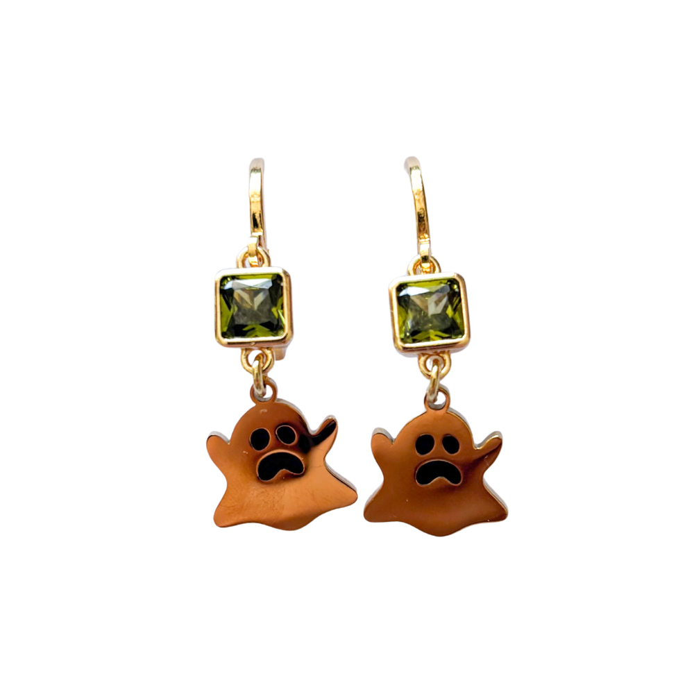 Ghost Earrings with Black Enamel Eyes – Birthstone Halloween Jewellery