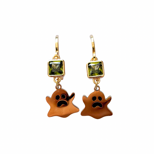 Ghost Earrings with Black Enamel Eyes – Birthstone Halloween Jewellery