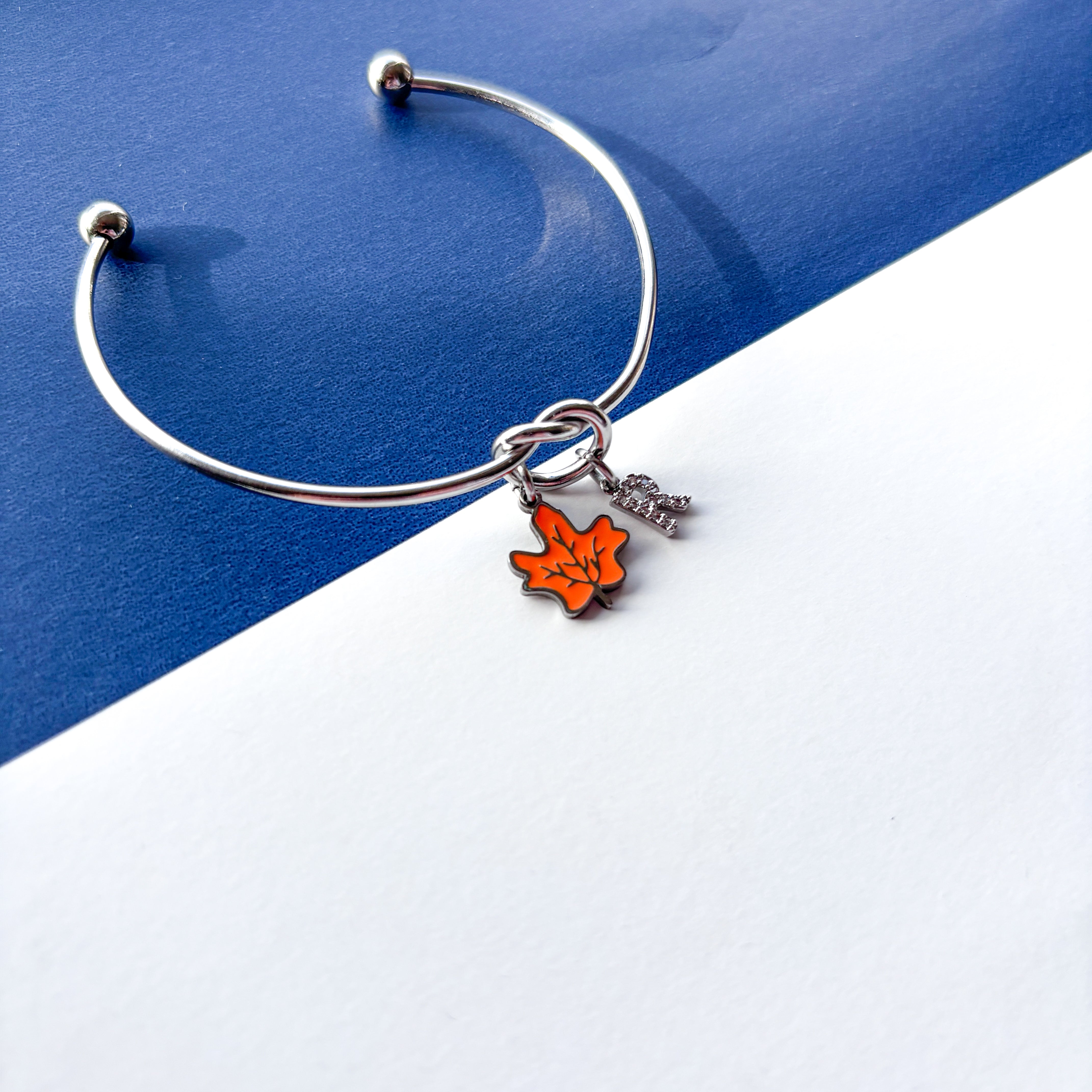 Personalised Enamel Maple Leaf Bangle – Autumn Initial Charm Bracelet