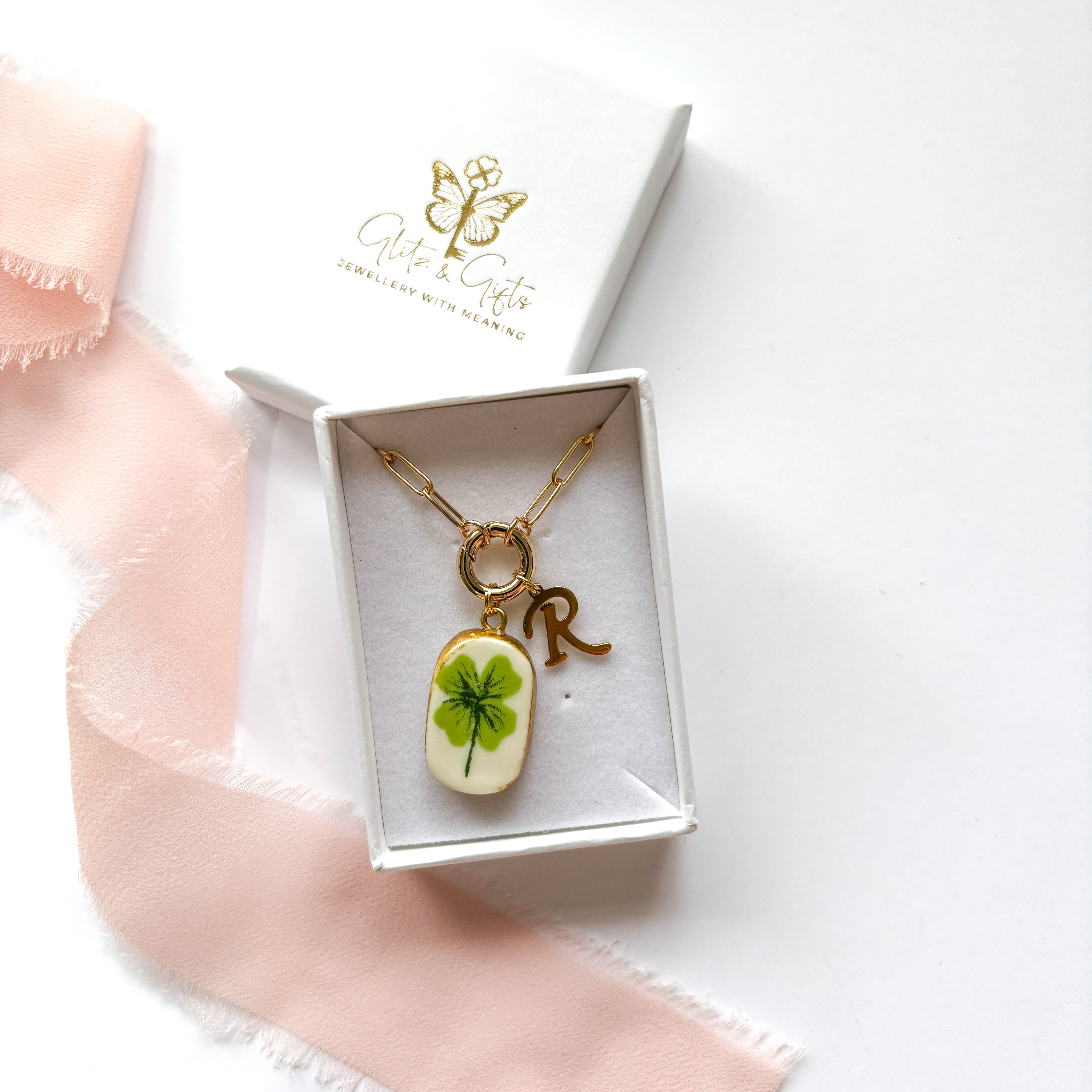 Ceramic Four Leaf Clover Personalised Necklace
