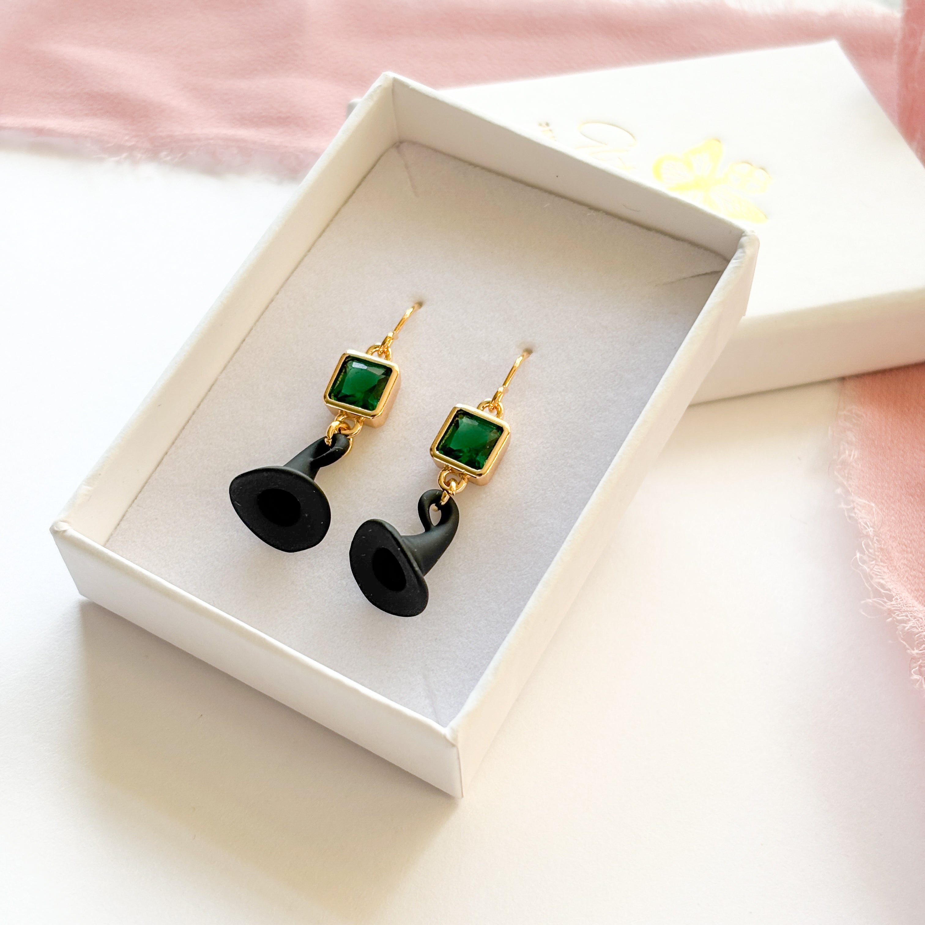 Wicked Witch Hat Dangle Earrings, Green CZ Charm, Witchcore Jewellery