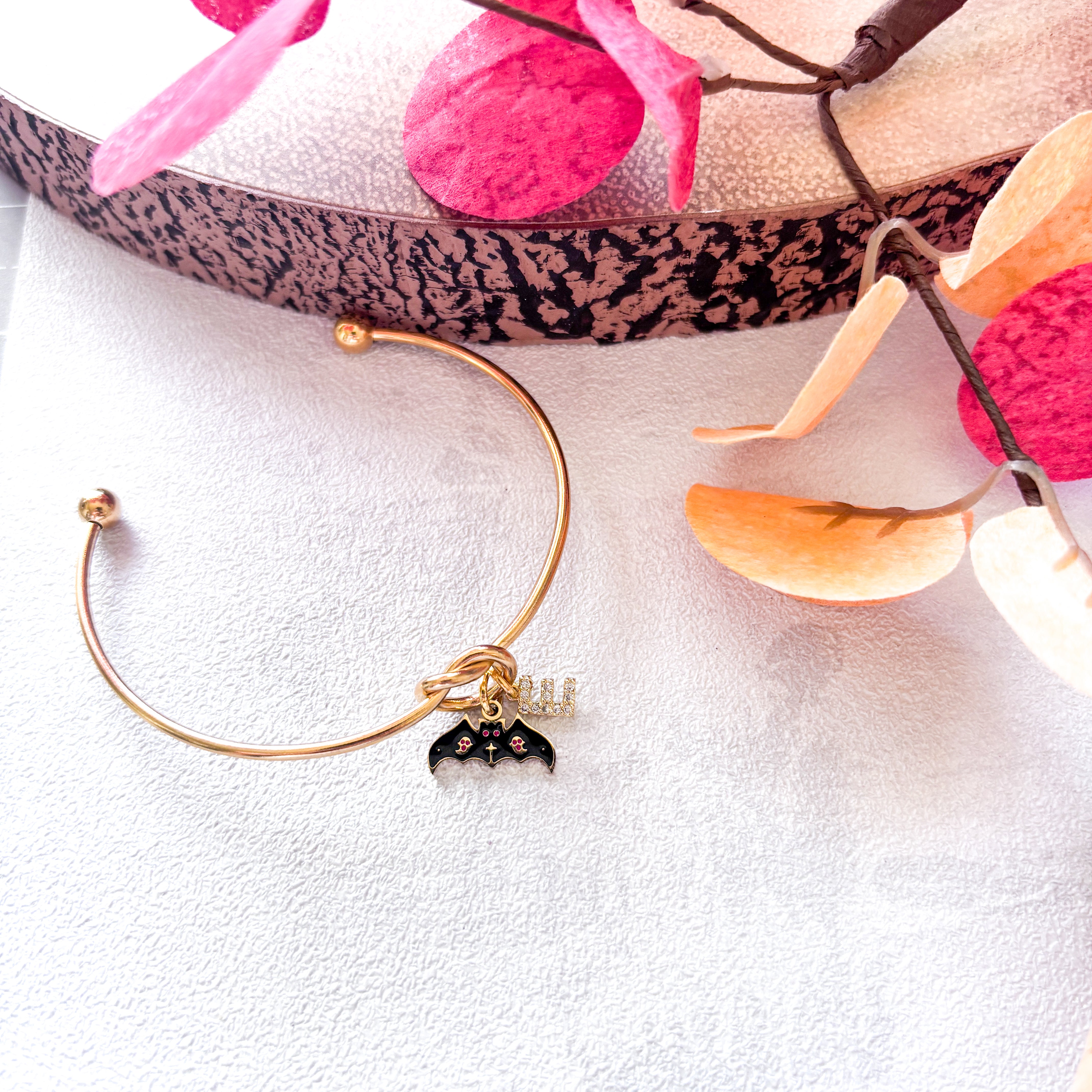 Black Enamel Bat Bangle – Personalised Halloween Bracelet